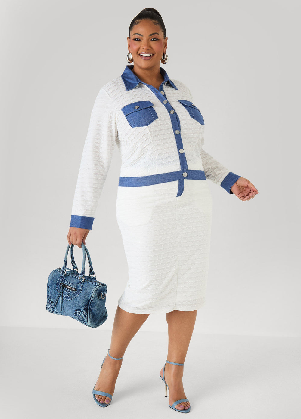 Denim Paneled Textured Skirt White | Ashley Stewart