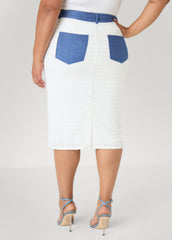 Denim Paneled Textured Skirt White | Ashley Stewart