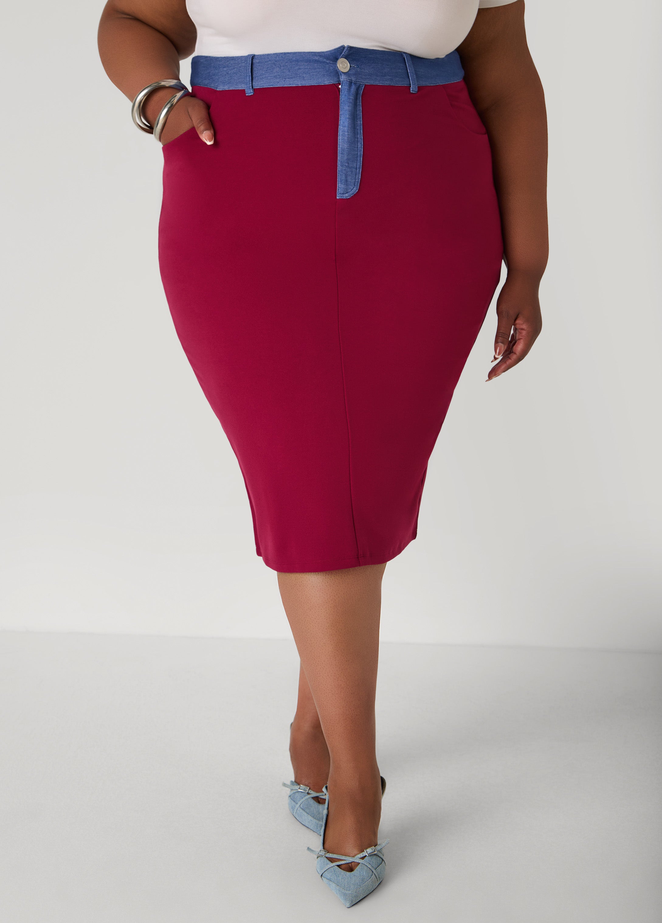 Denim Paneled Midi Skirt Rhododendron | Ashley Stewart