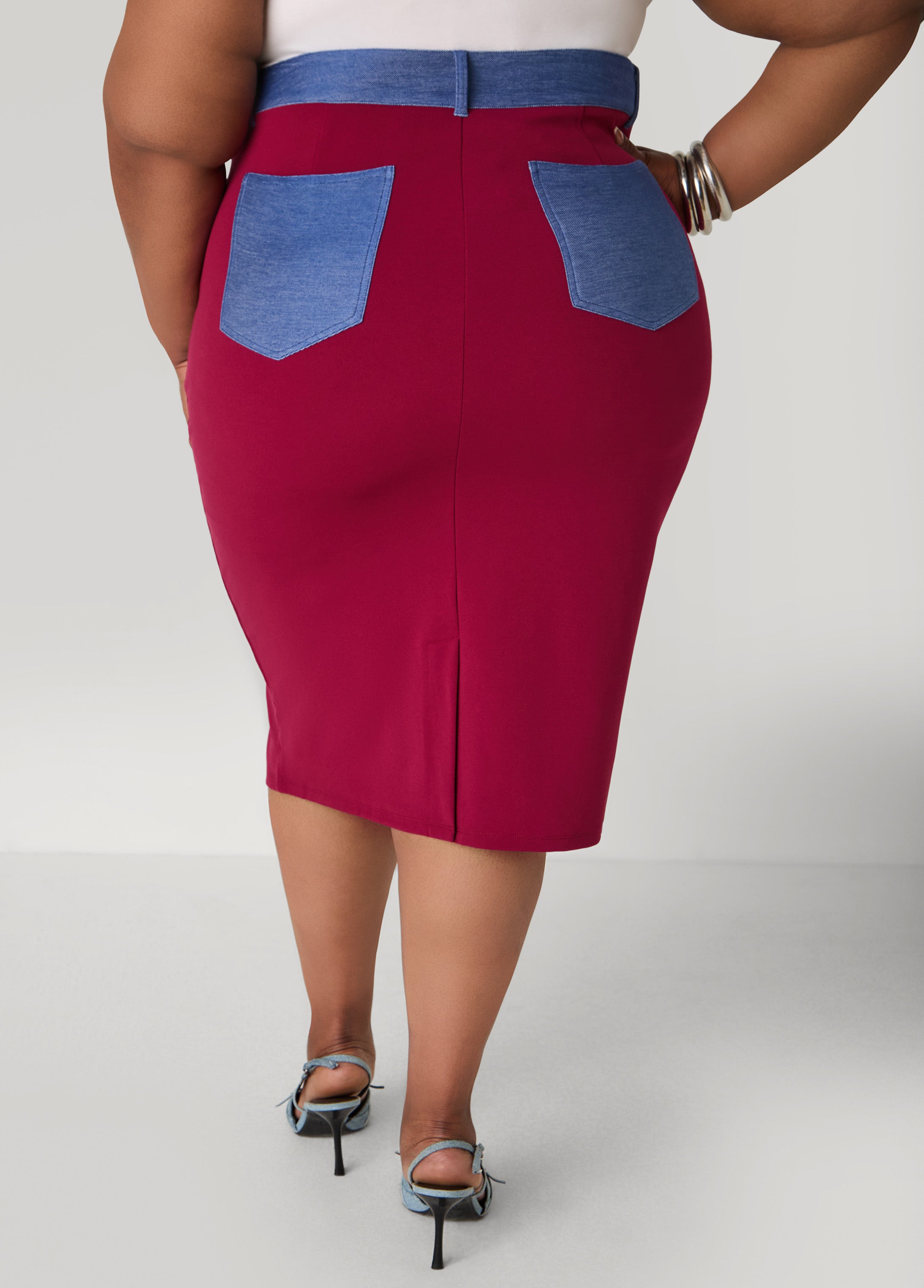 Denim Paneled Midi Skirt Rhododendron | Ashley Stewart