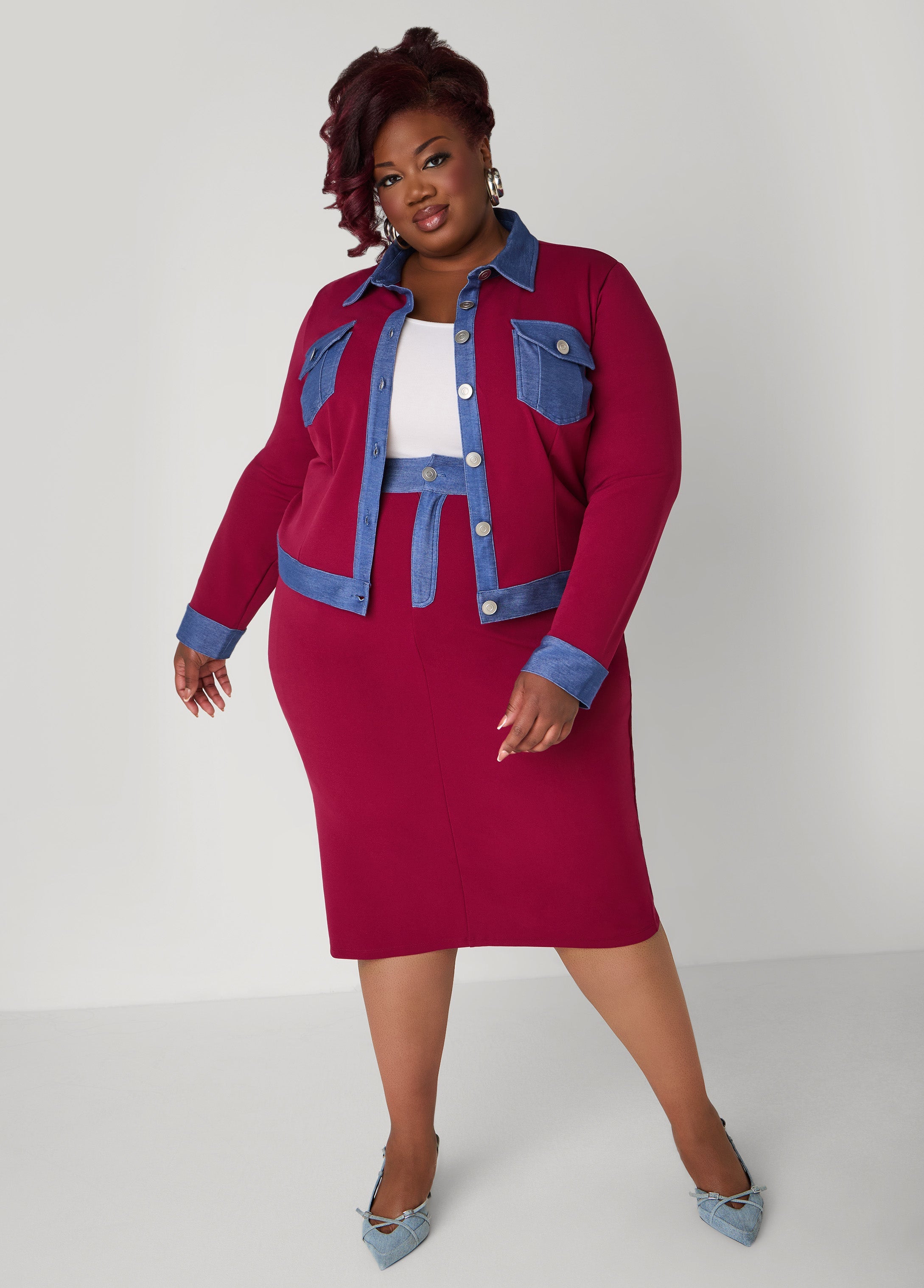 Denim Paneled Midi Skirt Rhododendron | Ashley Stewart