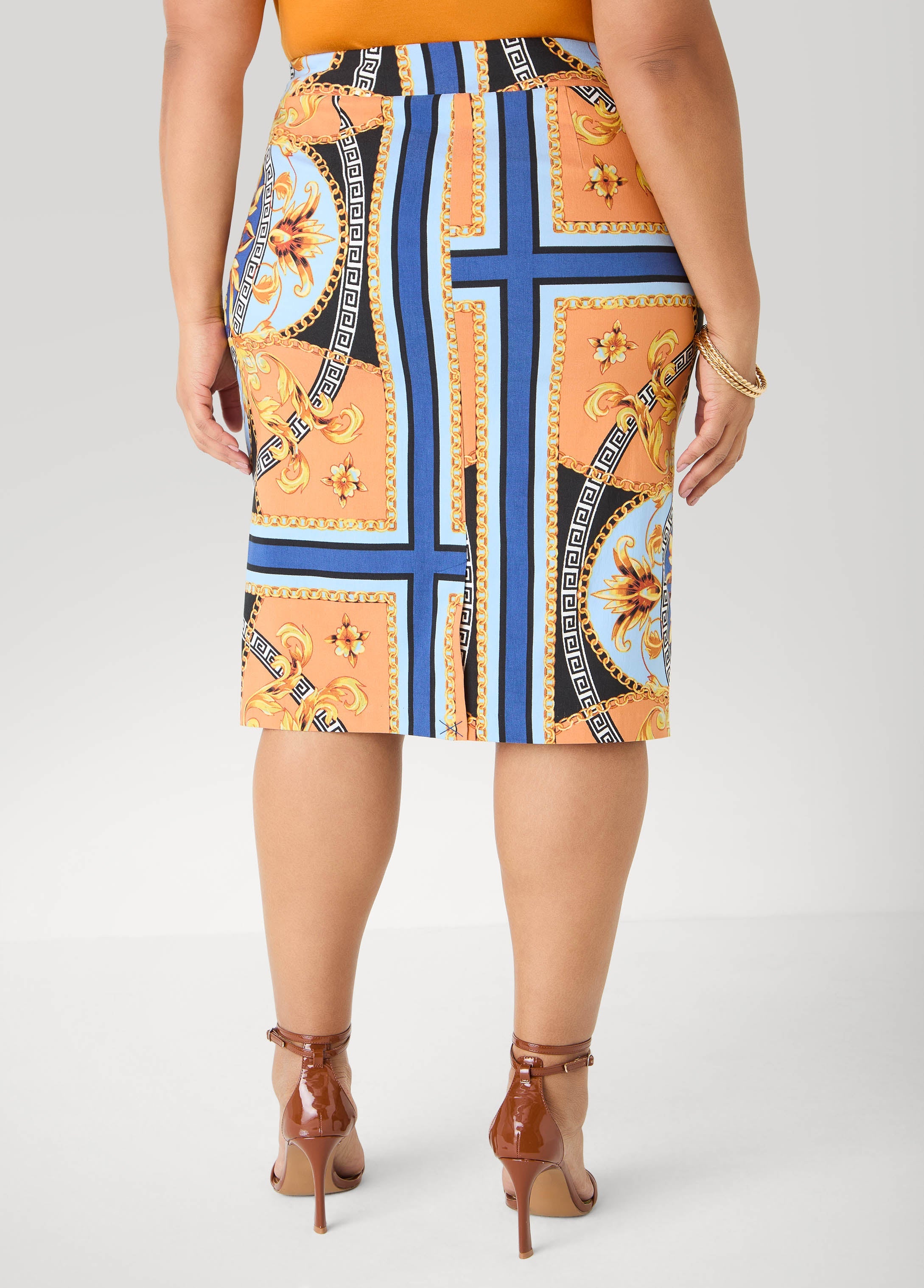 Millennium Scarf Print Skirt Navy Peony | Ashley Stewart