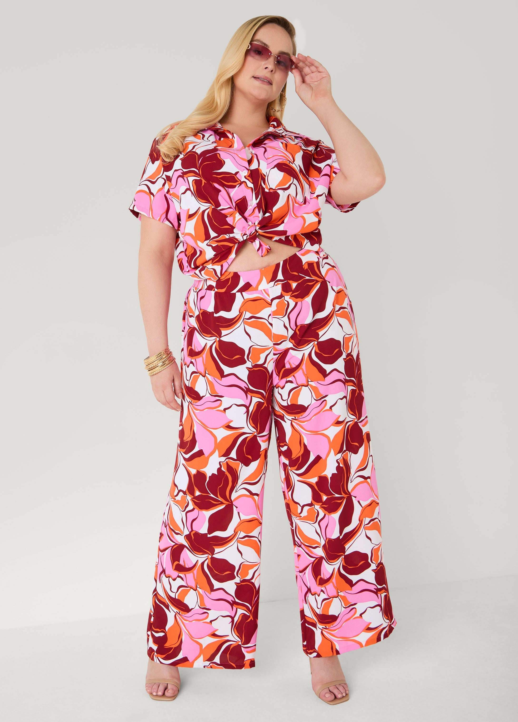 Printed High Waist Pants Pink | Ashley Stewart