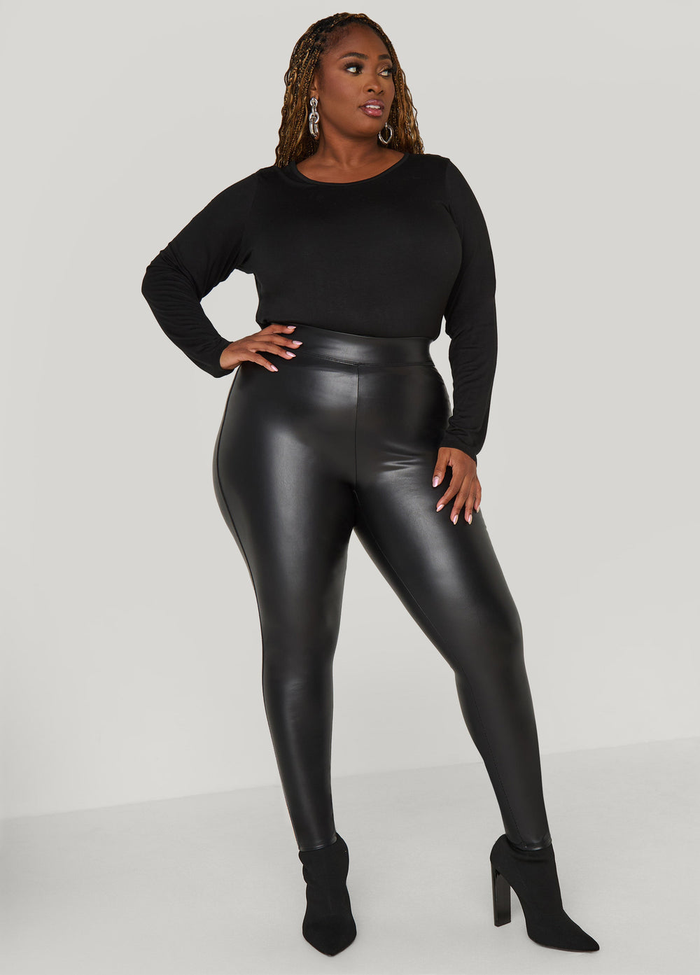 Faux Stretch Leather Leggings Black | Ashley Stewart