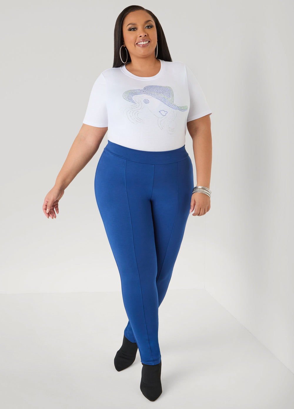 Ponte Seamed Leggings Navy Peony | Ashley Stewart