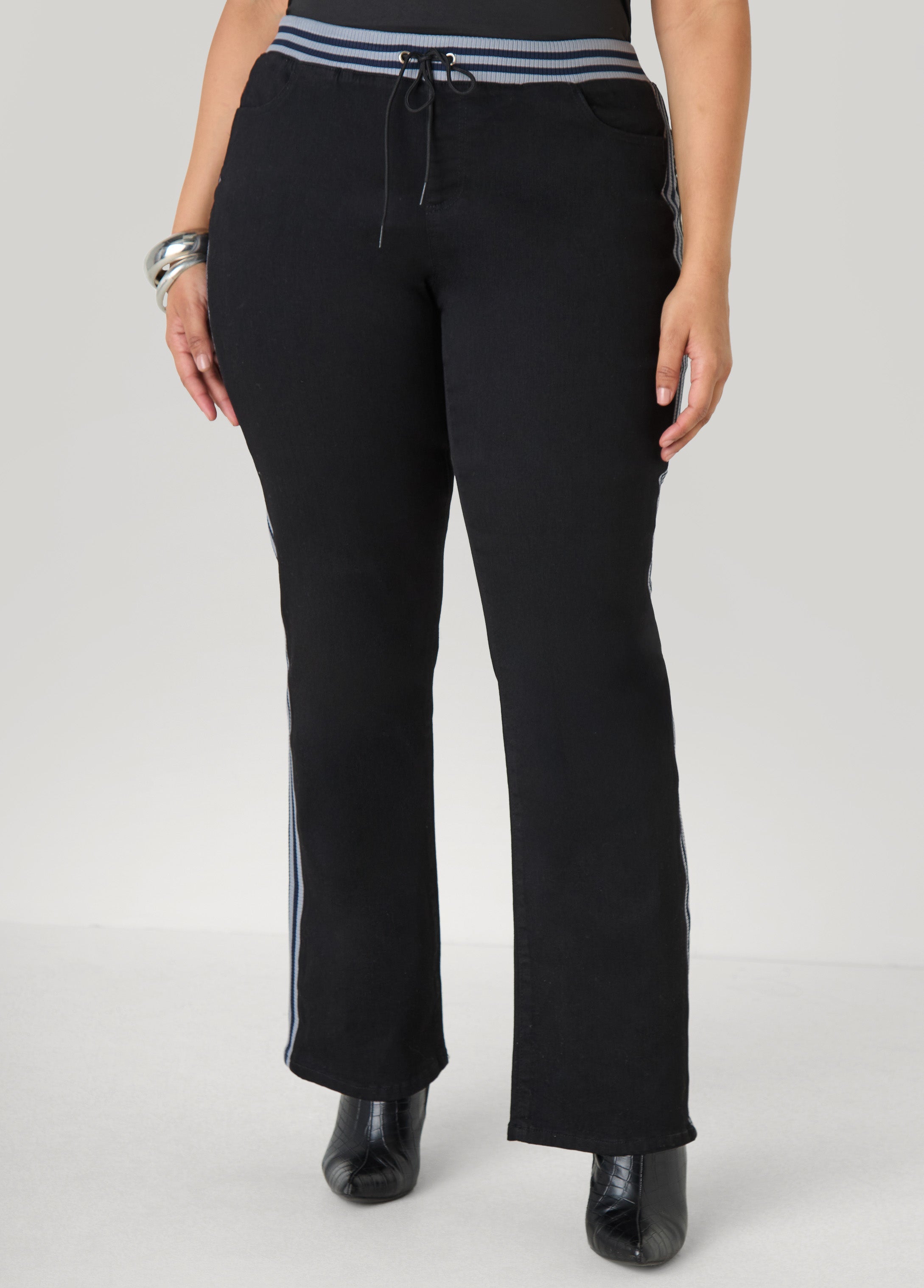Striped Trimmed Bootcut Jeans Black | Ashley Stewart