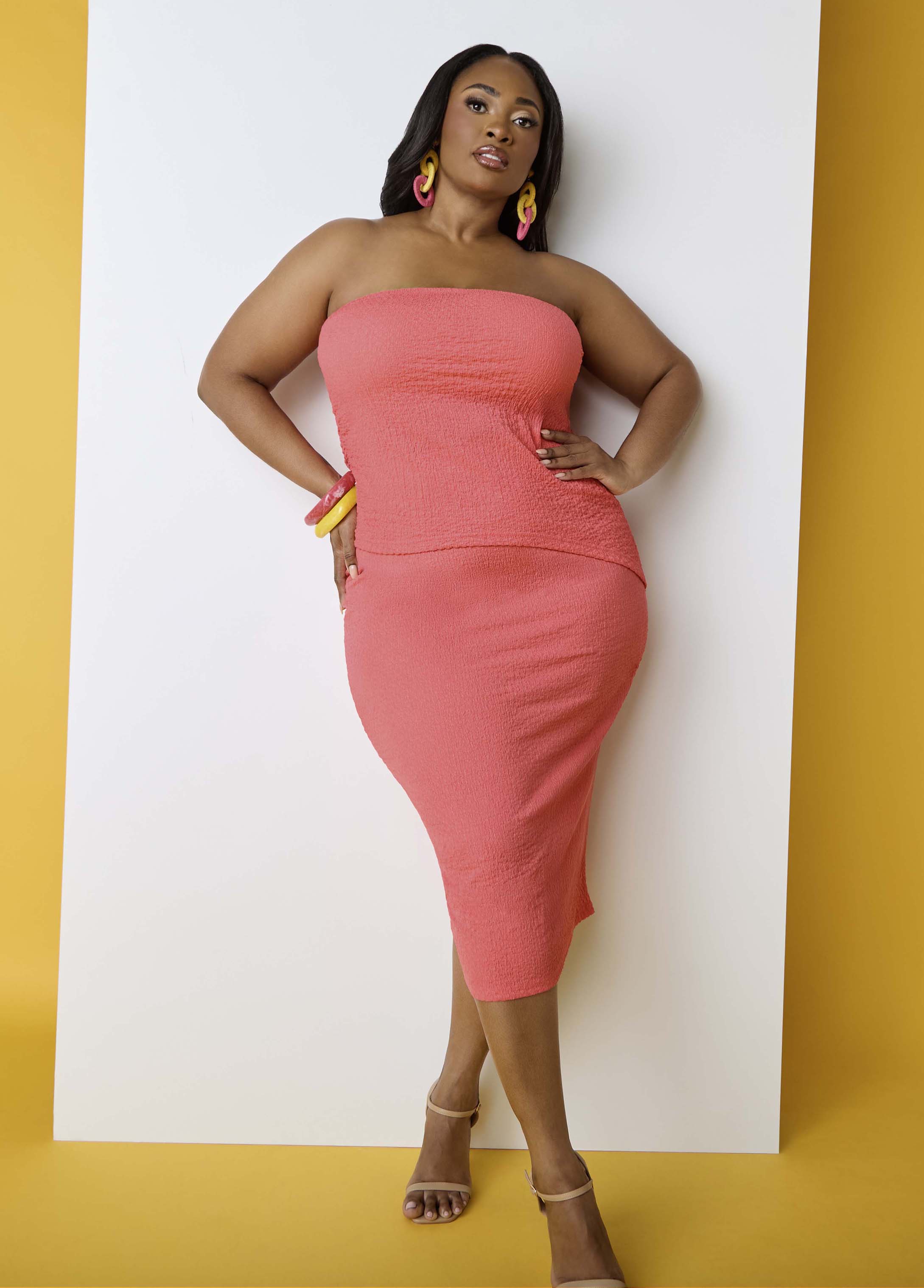 Textured Midi Pencil Skirt Calypso Coral | Ashley Stewart