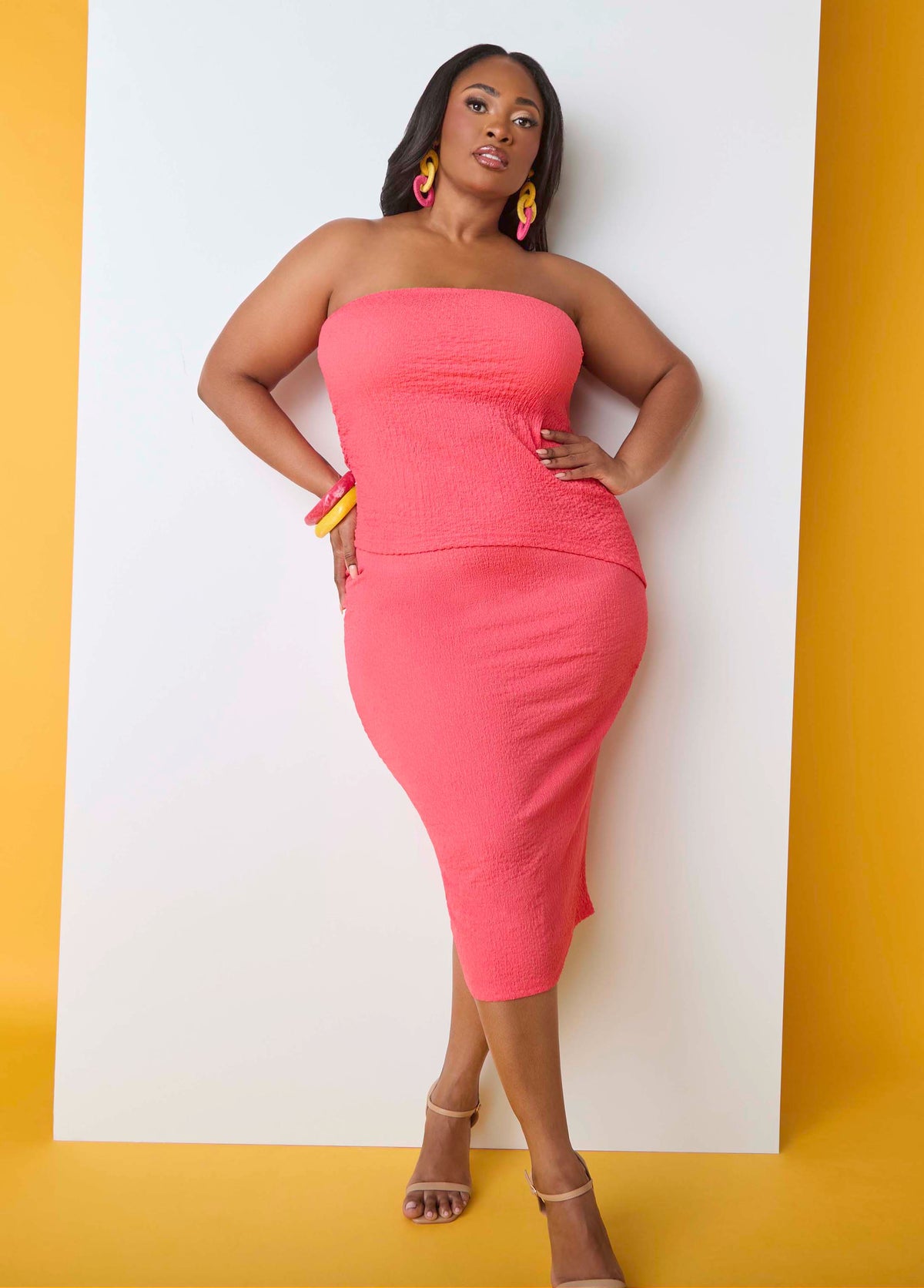 Textured Midi Pencil Skirt Calypso Coral | Ashley Stewart