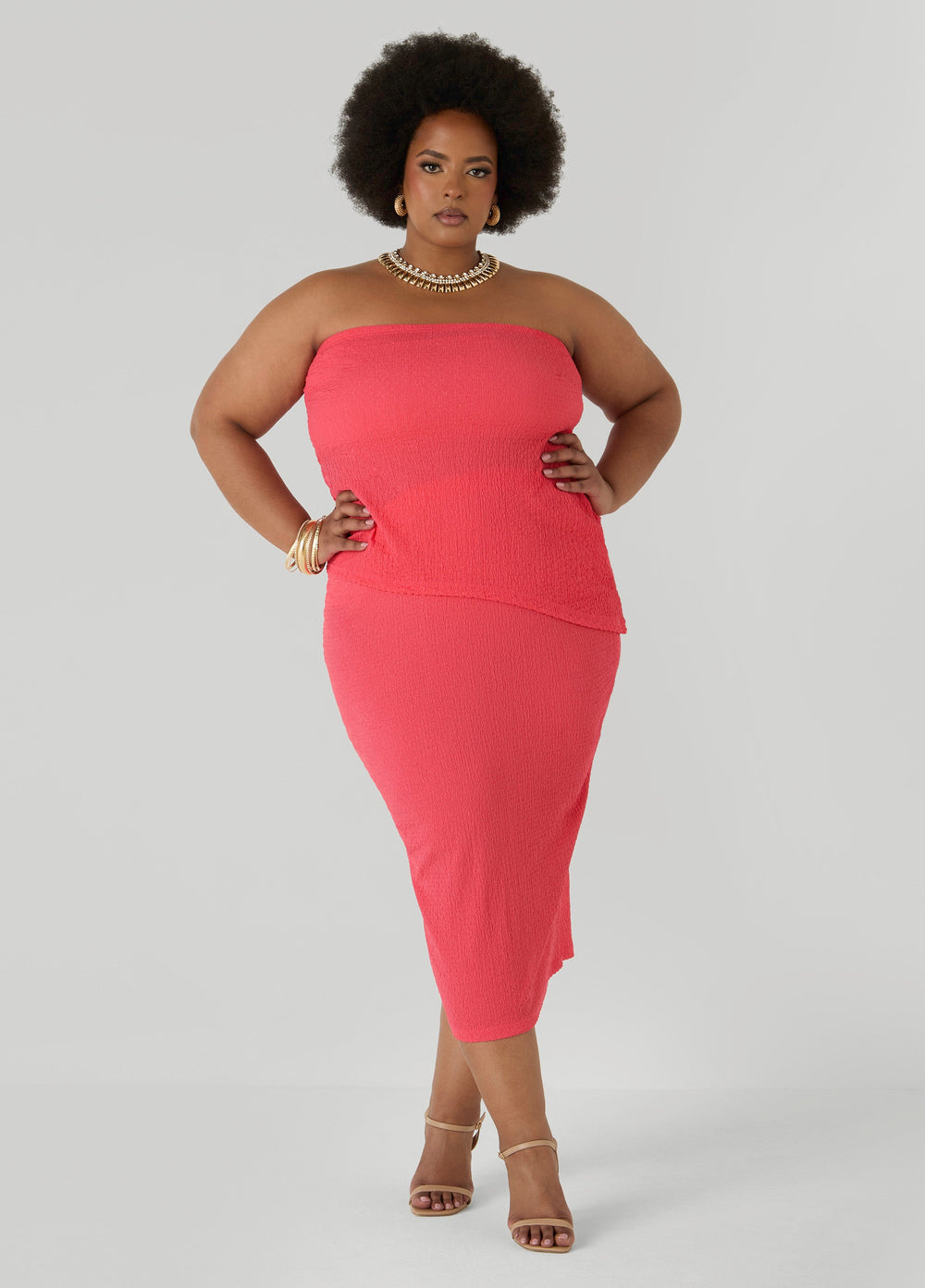 Textured Midi Pencil Skirt Calypso Coral | Ashley Stewart