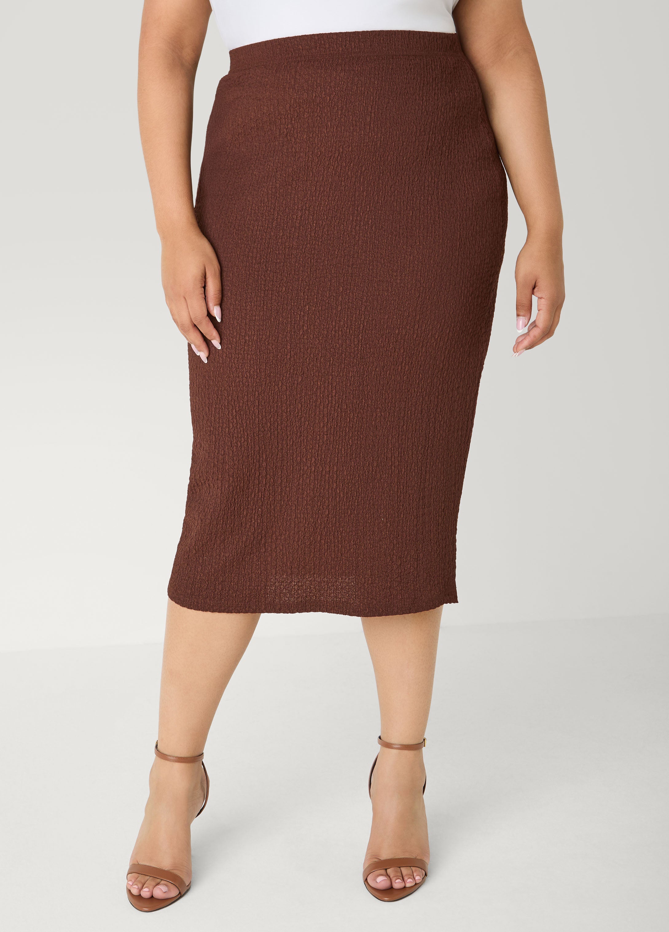 Textured Midi Pencil Skirt Calypso Coral | Ashley Stewart