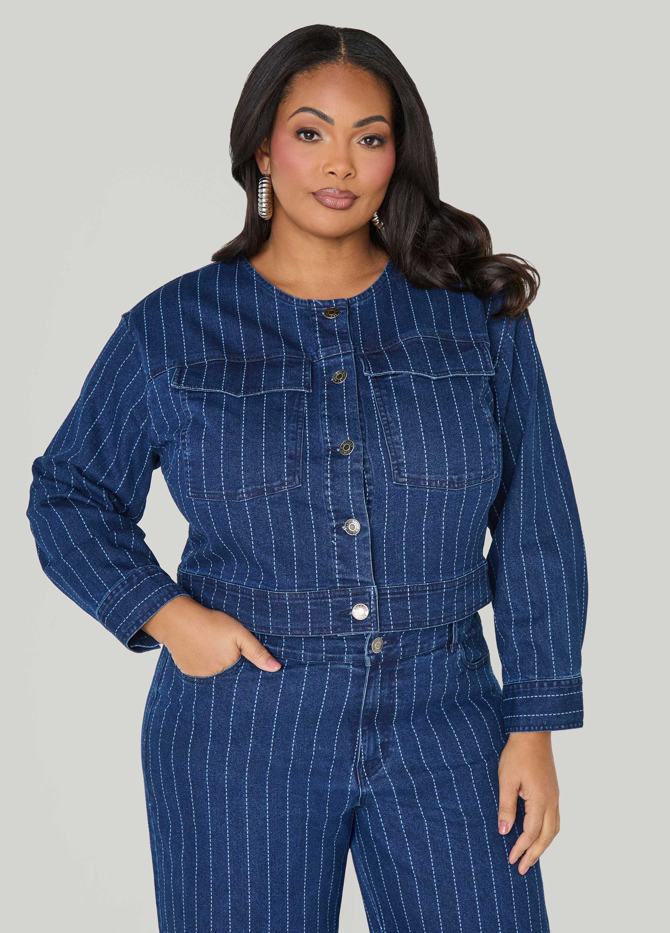 Pinstriped Denim Crop Jacket Dk Wash | Ashley Stewart