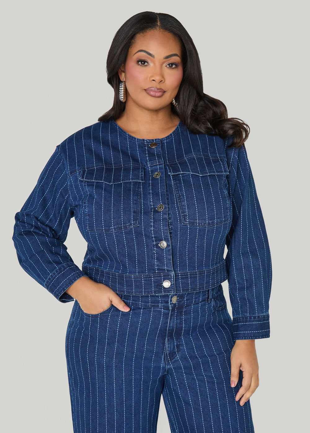 Pinstriped Denim Crop Jacket Dk Wash | Ashley Stewart