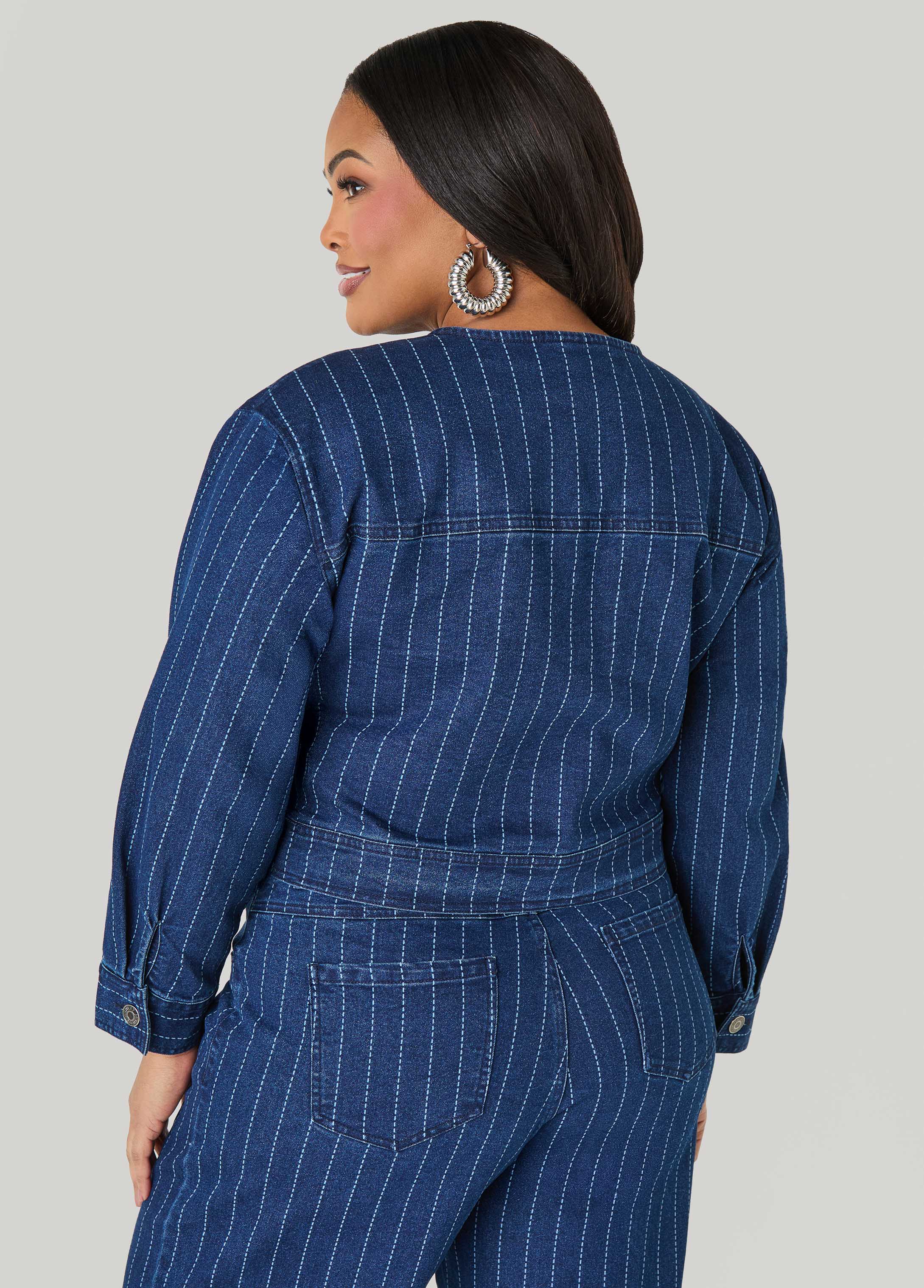 Pinstriped Denim Crop Jacket Dk Wash | Ashley Stewart