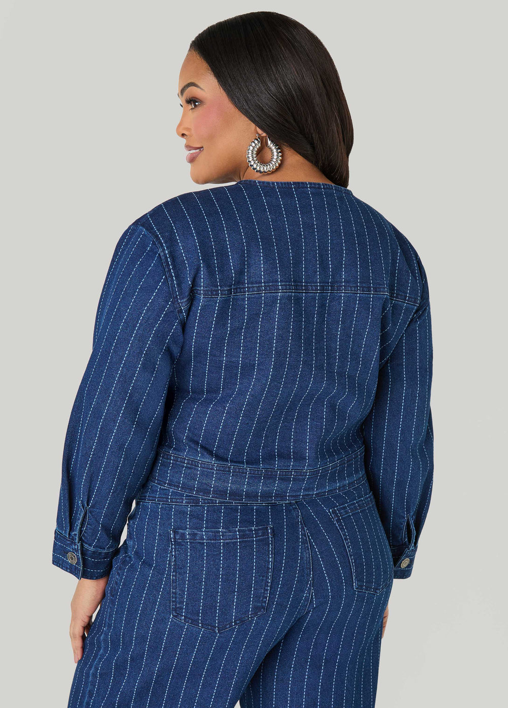 Pinstriped Denim Crop Jacket Dk Wash | Ashley Stewart