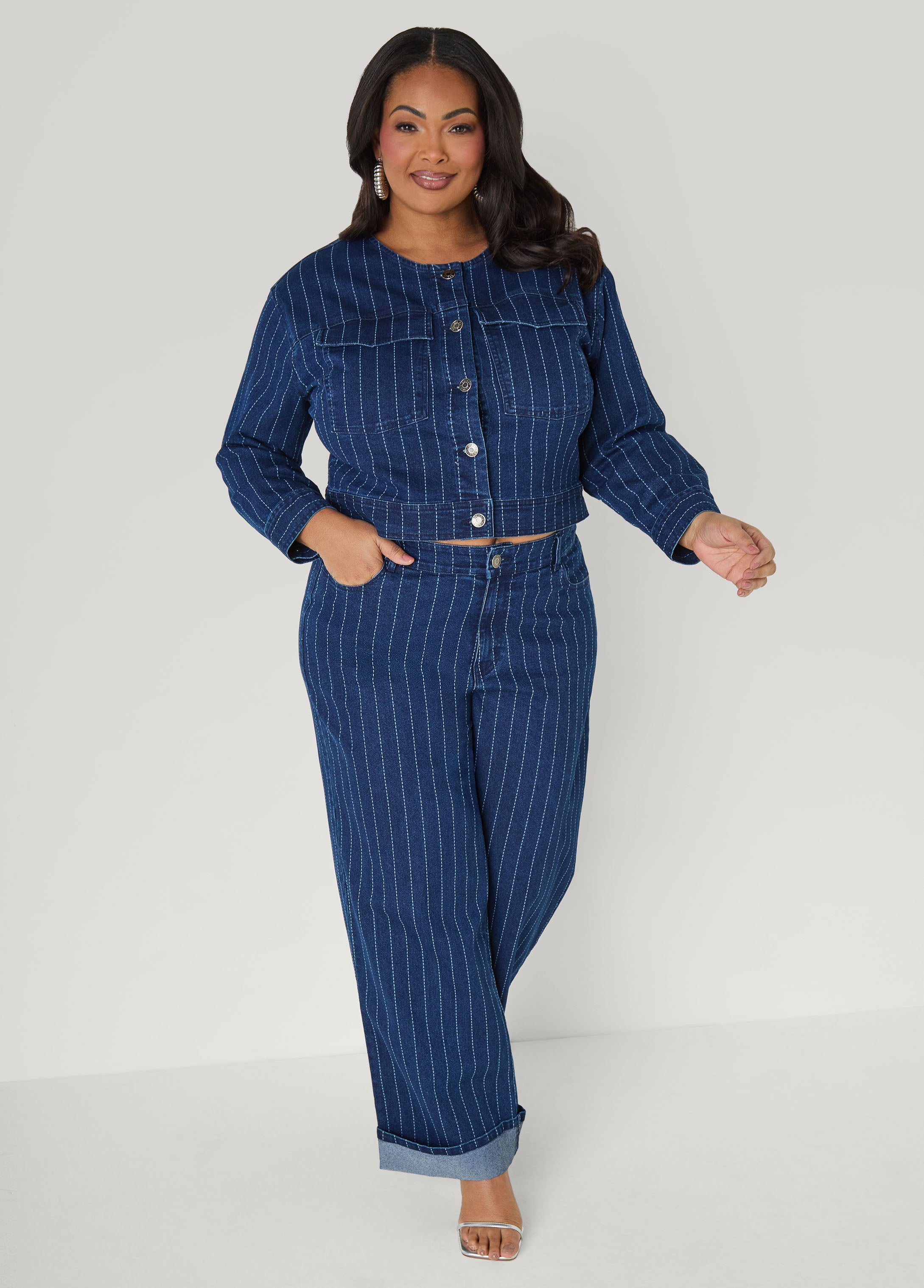 Pinstriped Denim Crop Jacket Dk Wash | Ashley Stewart
