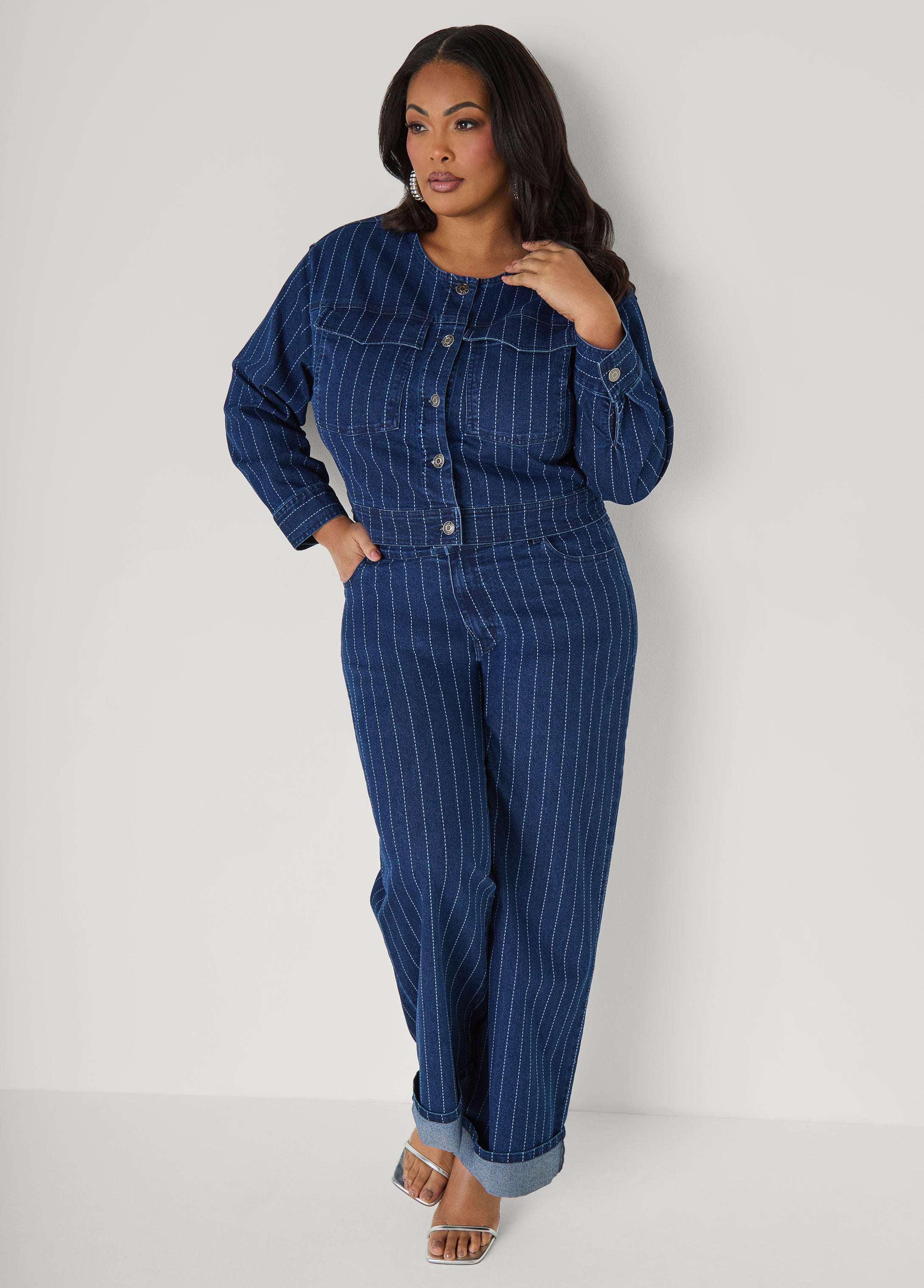 Pinstriped Denim Crop Jacket Dk Wash | Ashley Stewart