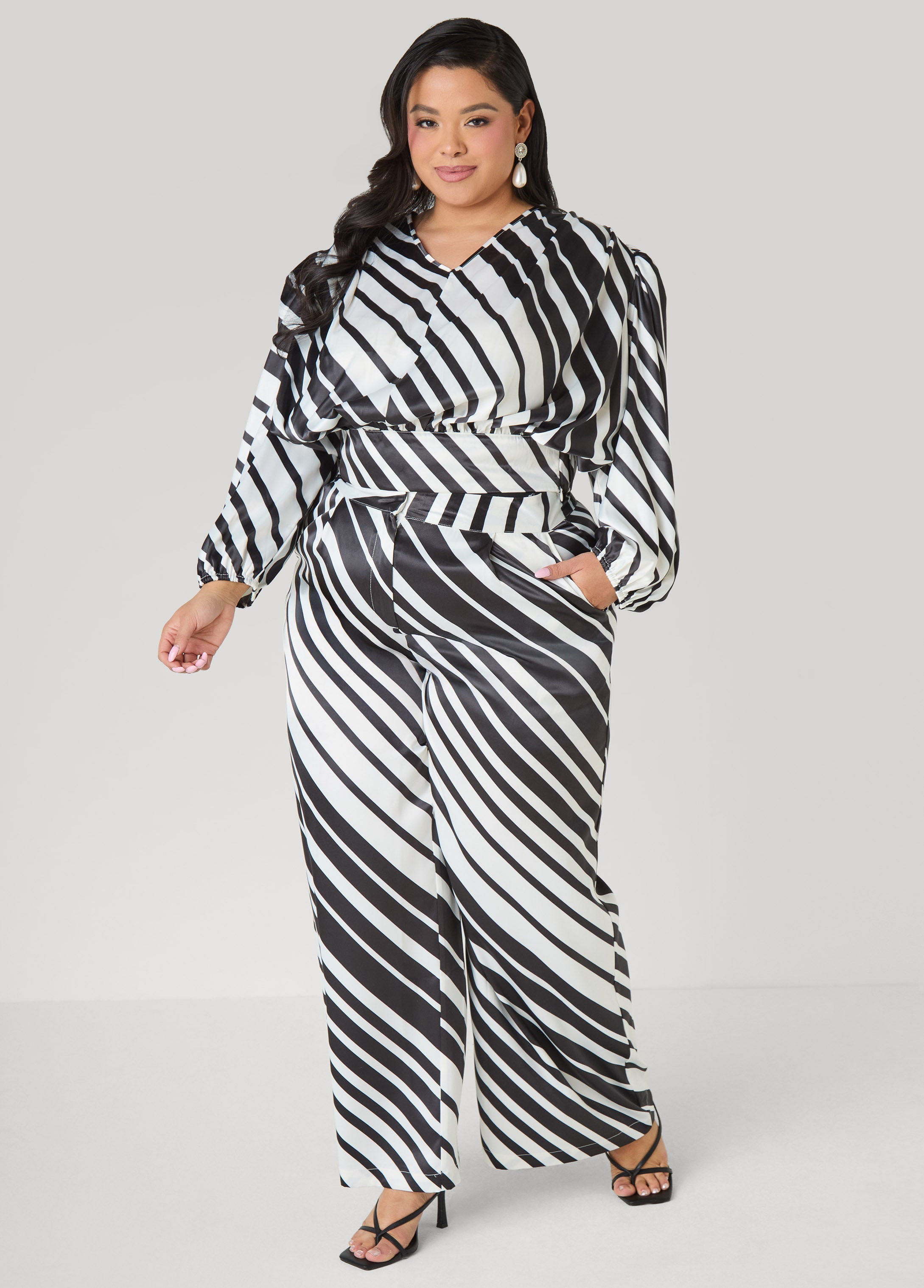 Striped Pleated Satin Pants White Black | Ashley Stewart