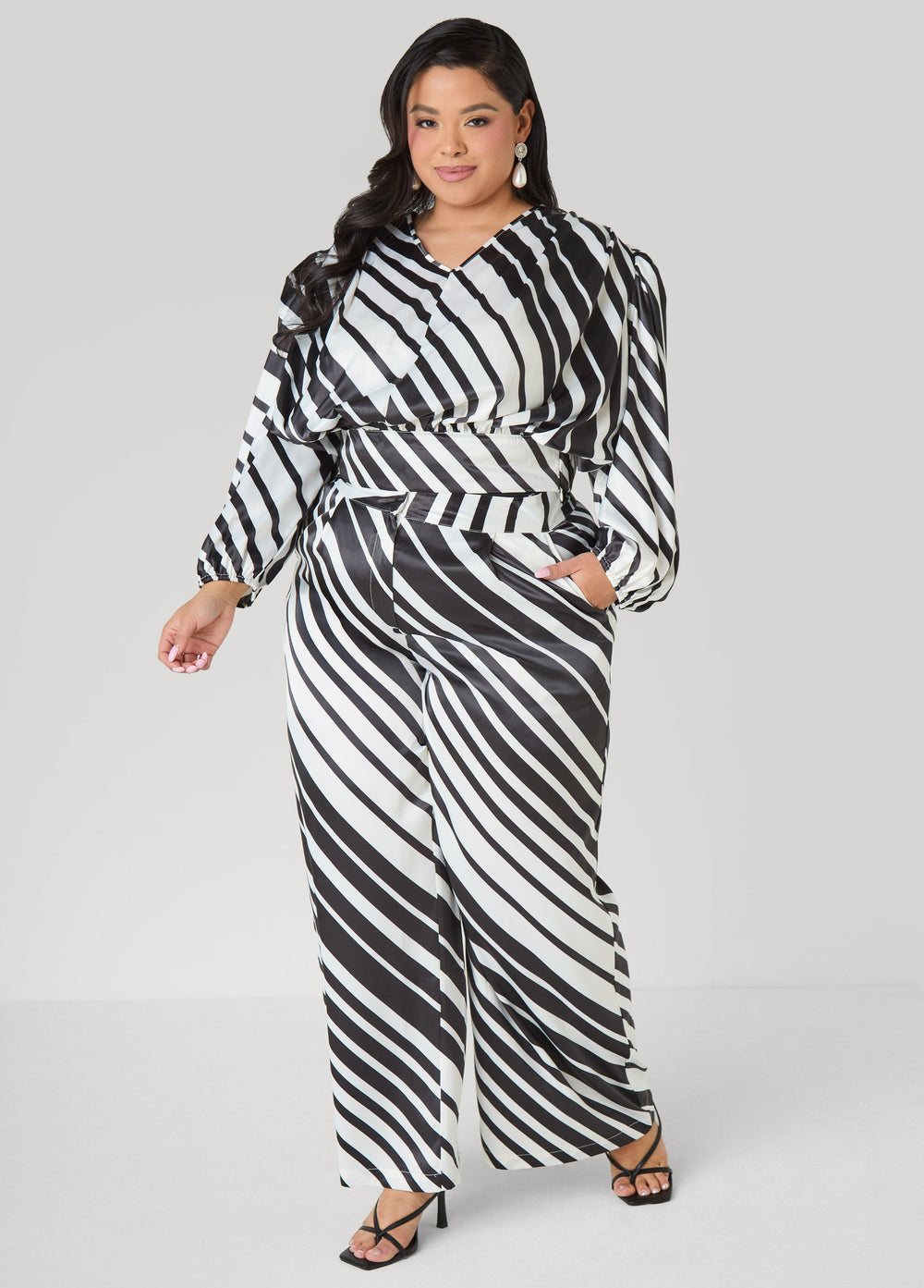 Striped Pleated Satin Pants White Black | Ashley Stewart