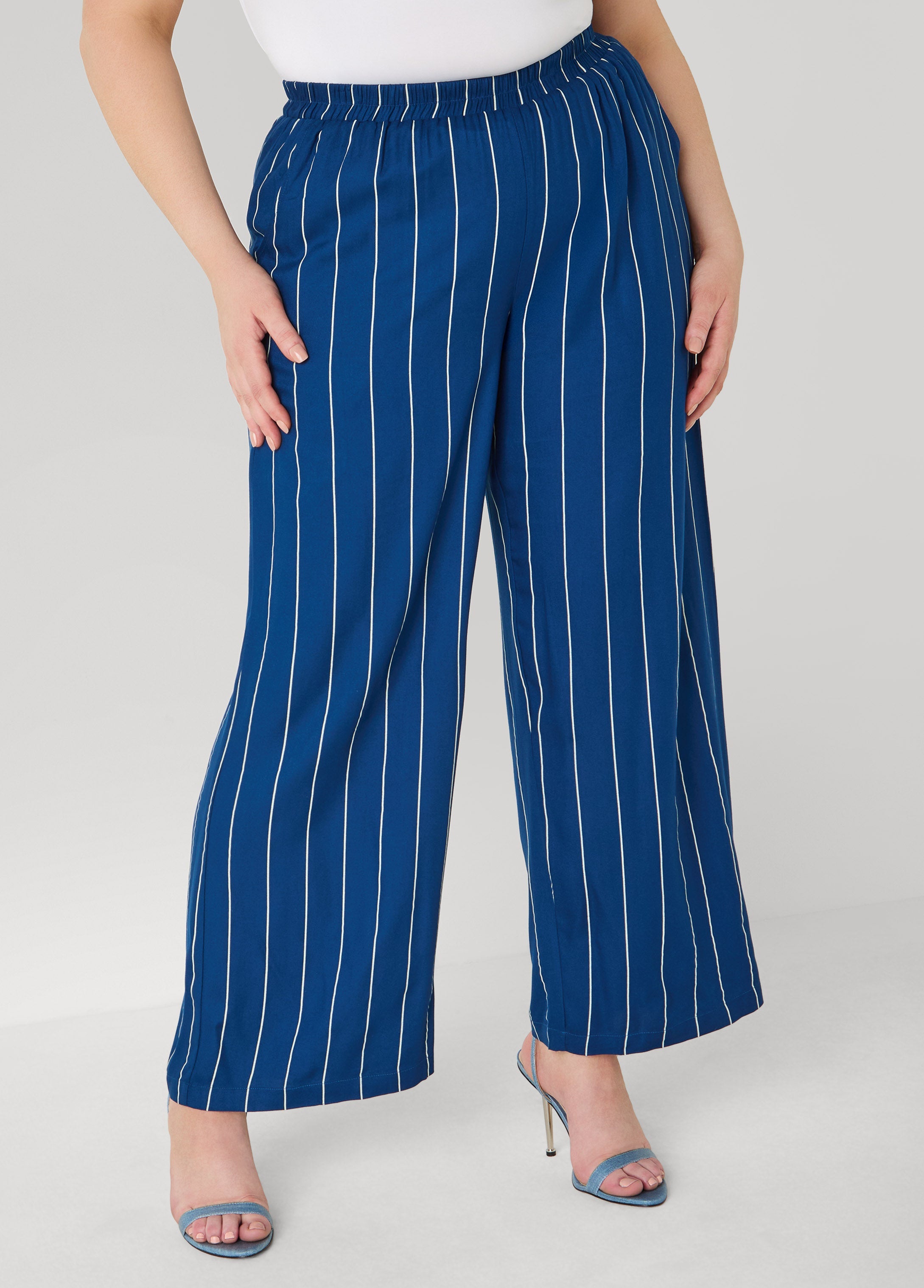 Pinstriped Pull On Pants Navy Peony | Ashley Stewart