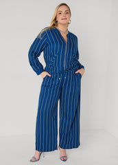 Pinstriped Pull On Pants Navy Peony | Ashley Stewart
