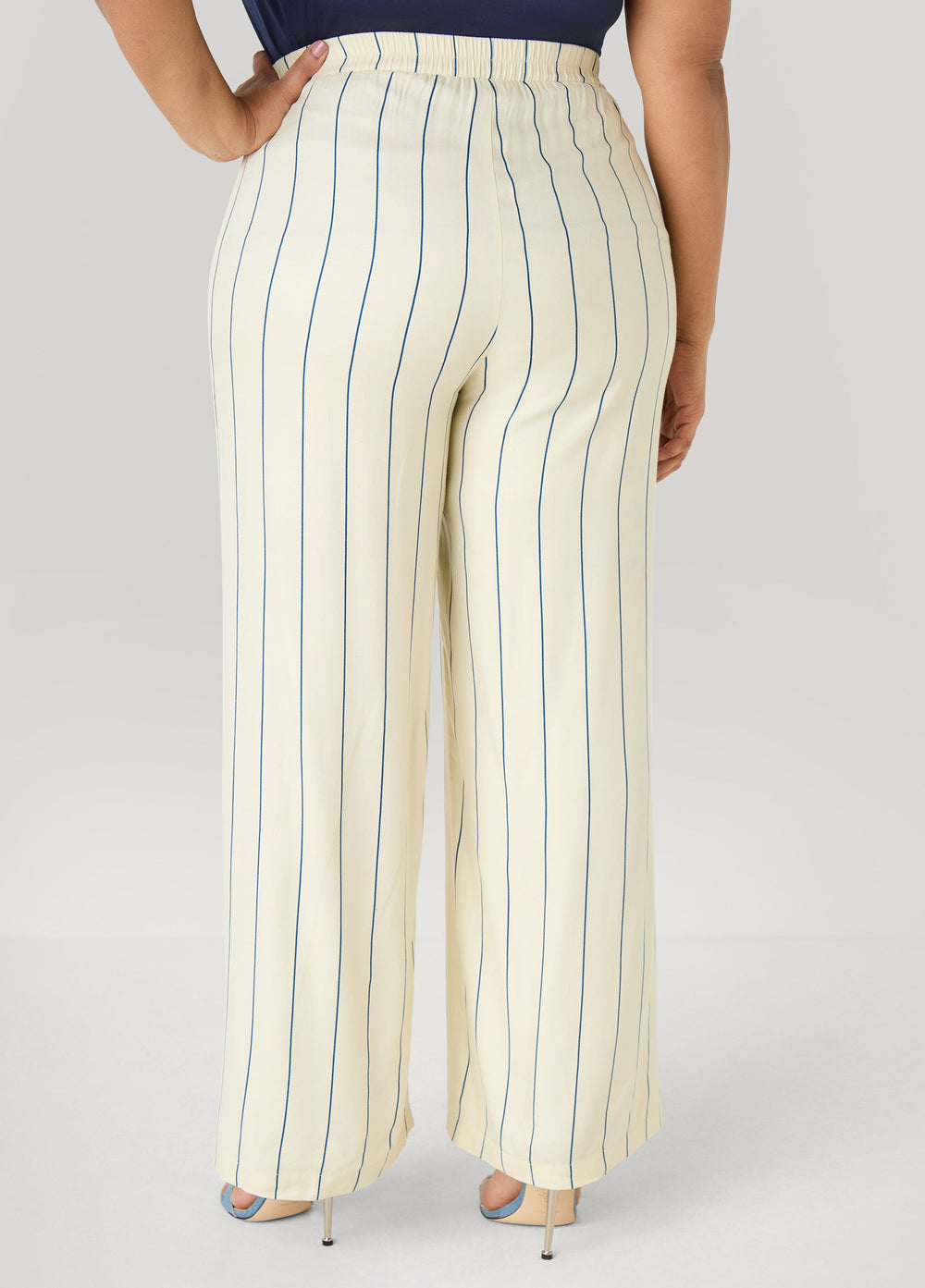 Pinstriped Pull On Pants Navy Peony | Ashley Stewart