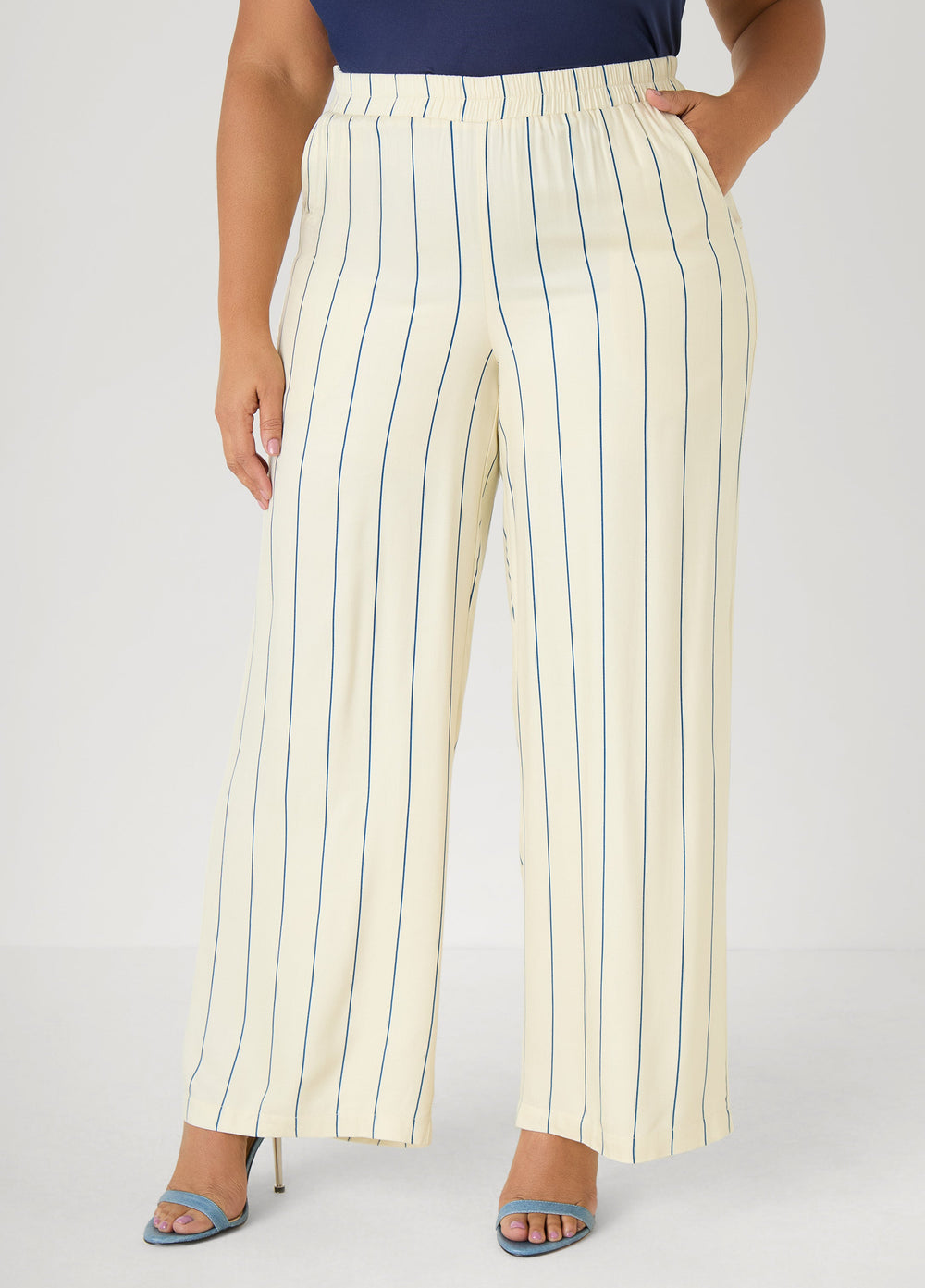 Pinstriped Pull On Pants Navy Peony | Ashley Stewart