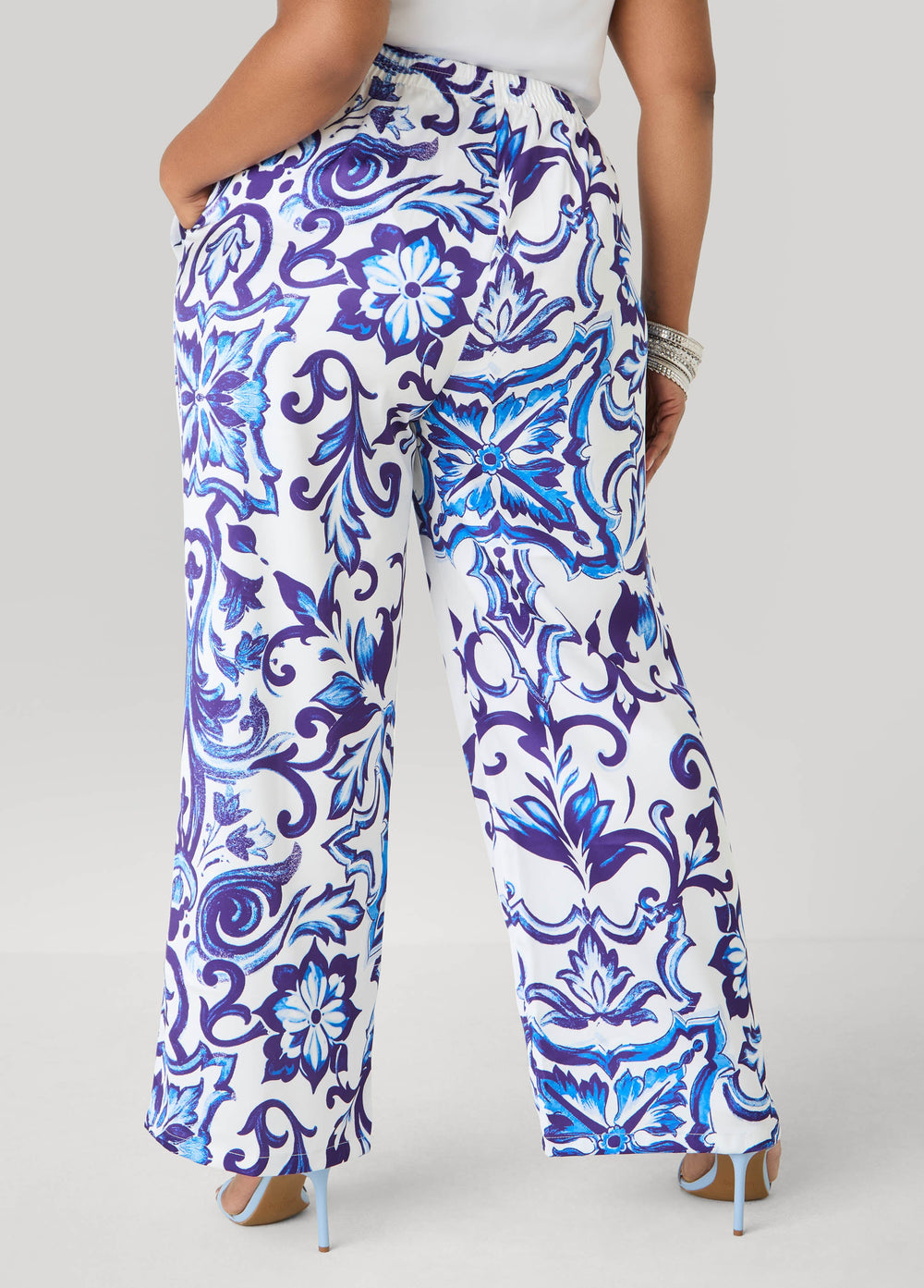 Floral Print Satin Wide Leg Pants Pansy | Ashley Stewart
