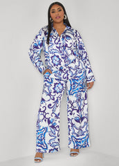 Floral Print Satin Wide Leg Pants Pansy | Ashley Stewart