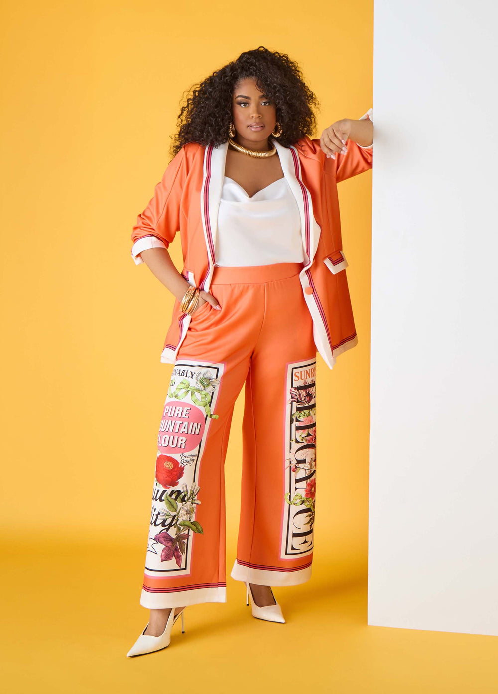 Floral Stamp Print Scuba Pants Persimmon Orange | Ashley Stewart