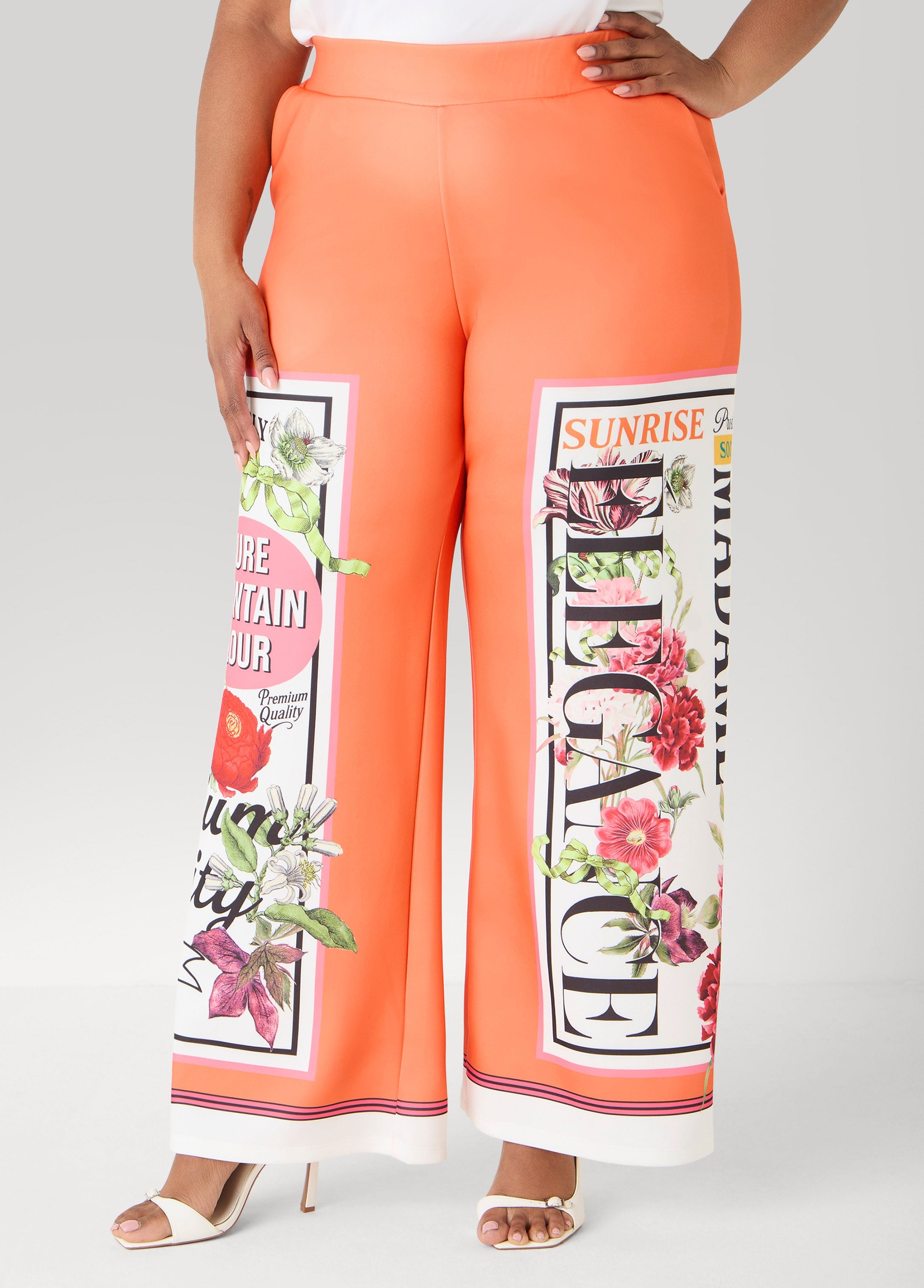 Floral Stamp Print Scuba Pants Persimmon Orange | Ashley Stewart