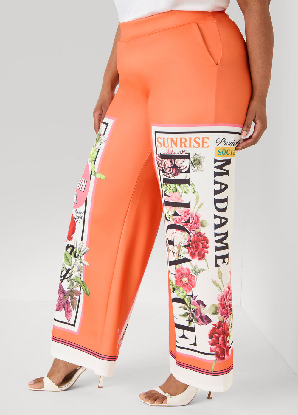 Floral Stamp Print Scuba Pants Persimmon Orange | Ashley Stewart