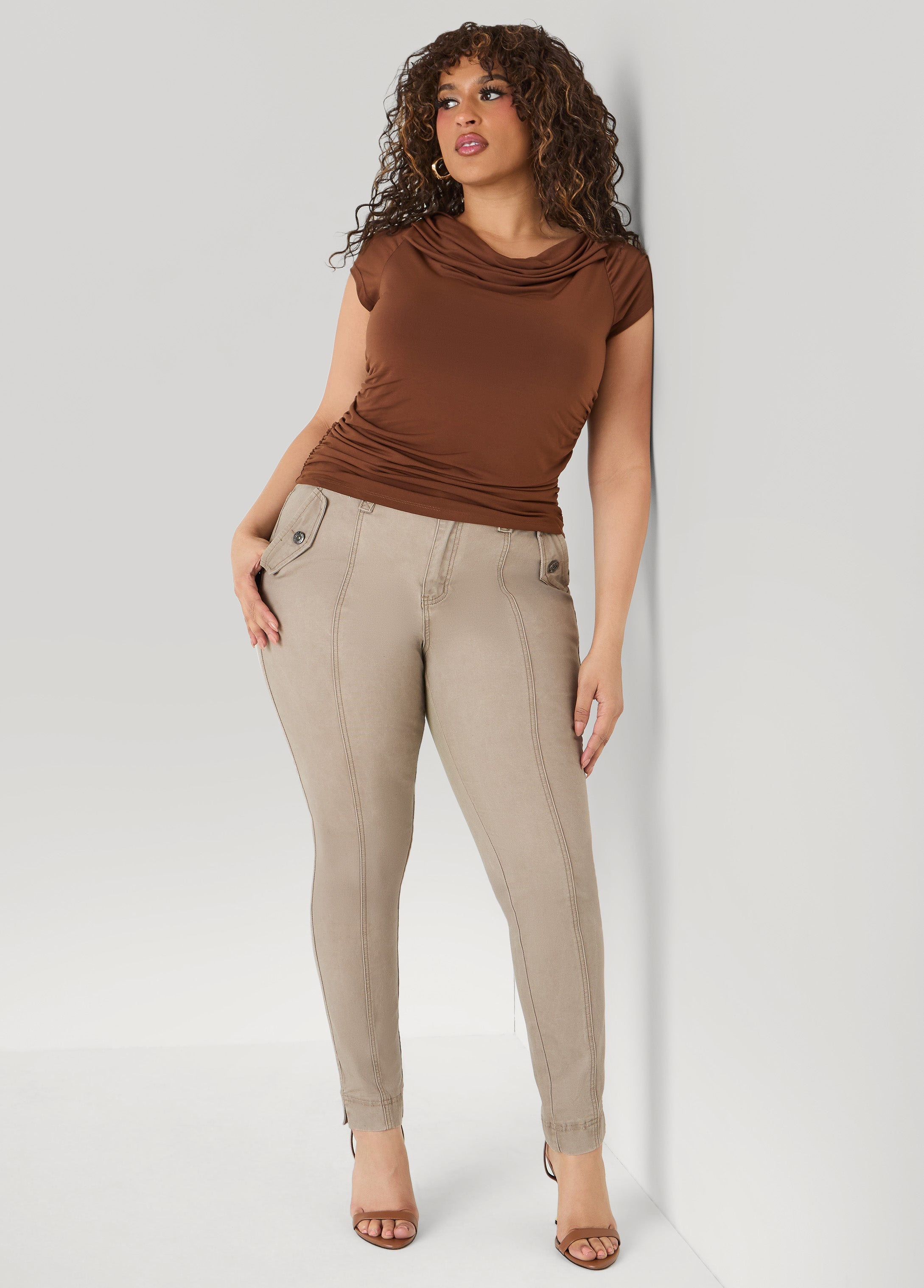 Flap Pocket Skinny Jeans Camel Taupe | Ashley Stewart
