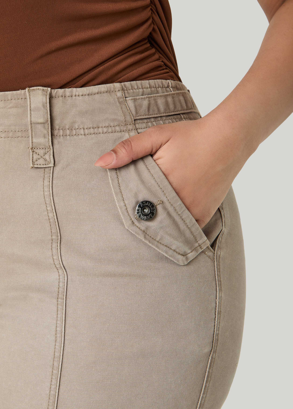 Flap Pocket Skinny Jeans Camel Taupe | Ashley Stewart