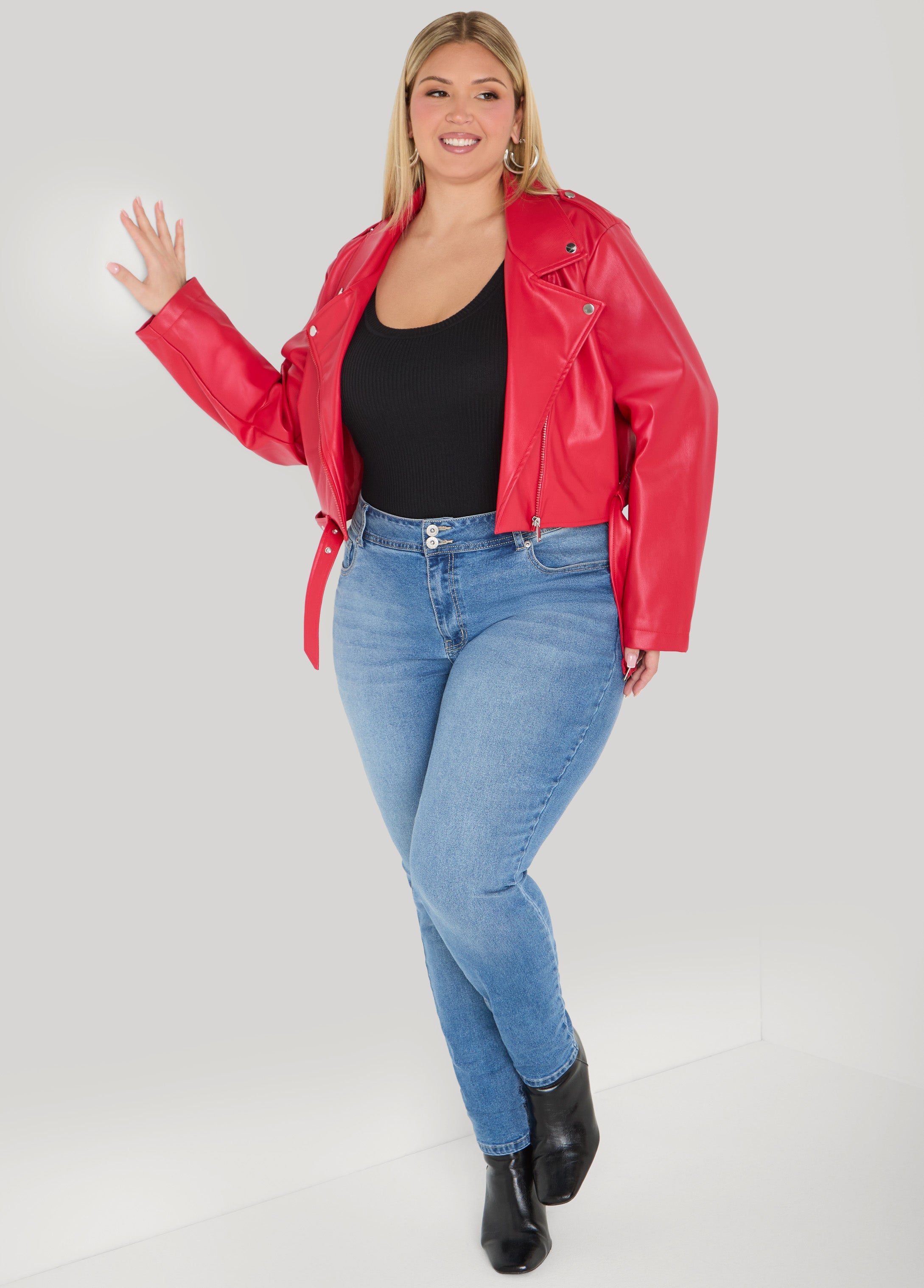 Cropped Faux Leather Moto Jacket Black | Ashley Stewart