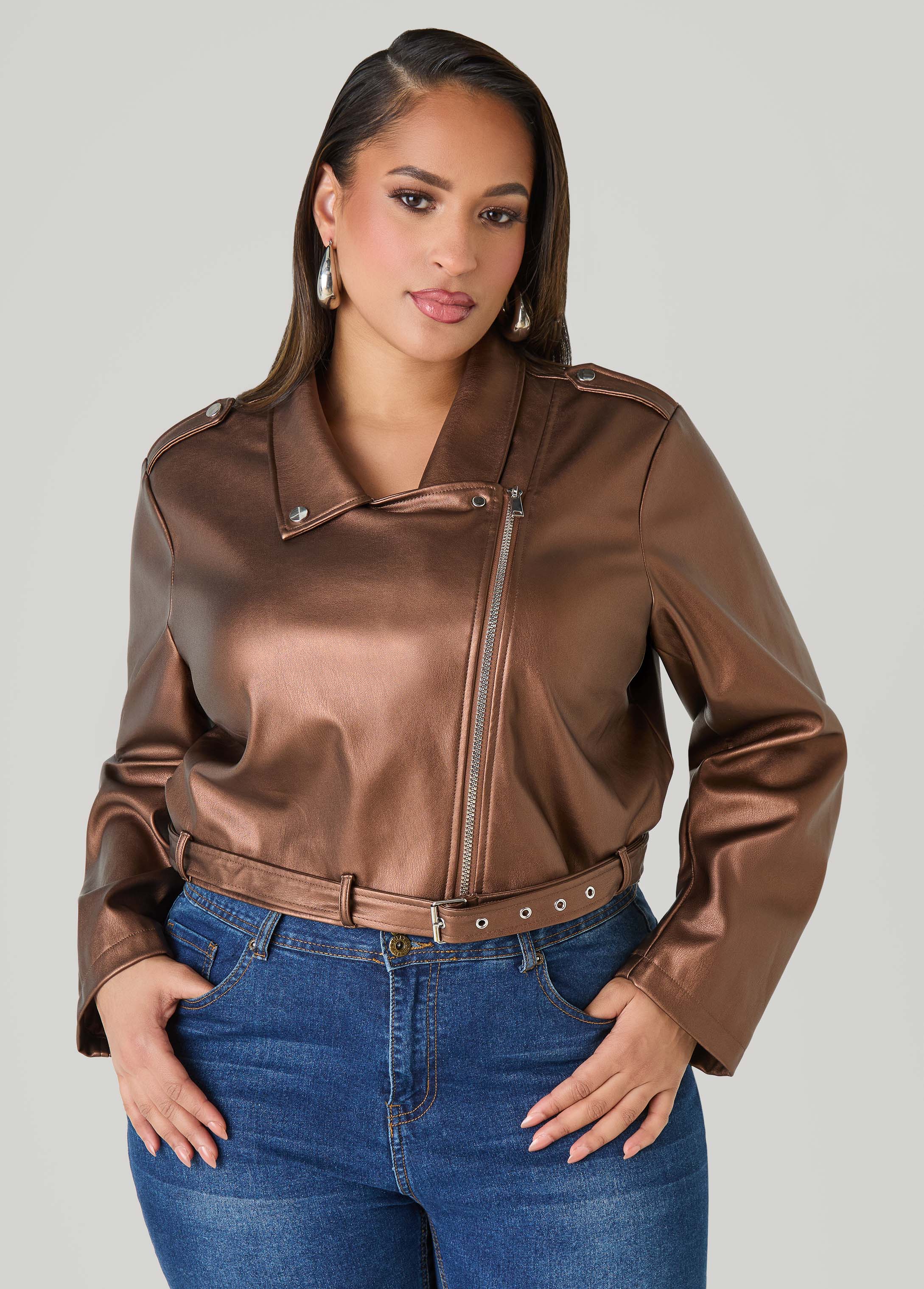 Cropped Faux Leather Moto Jacket Black | Ashley Stewart