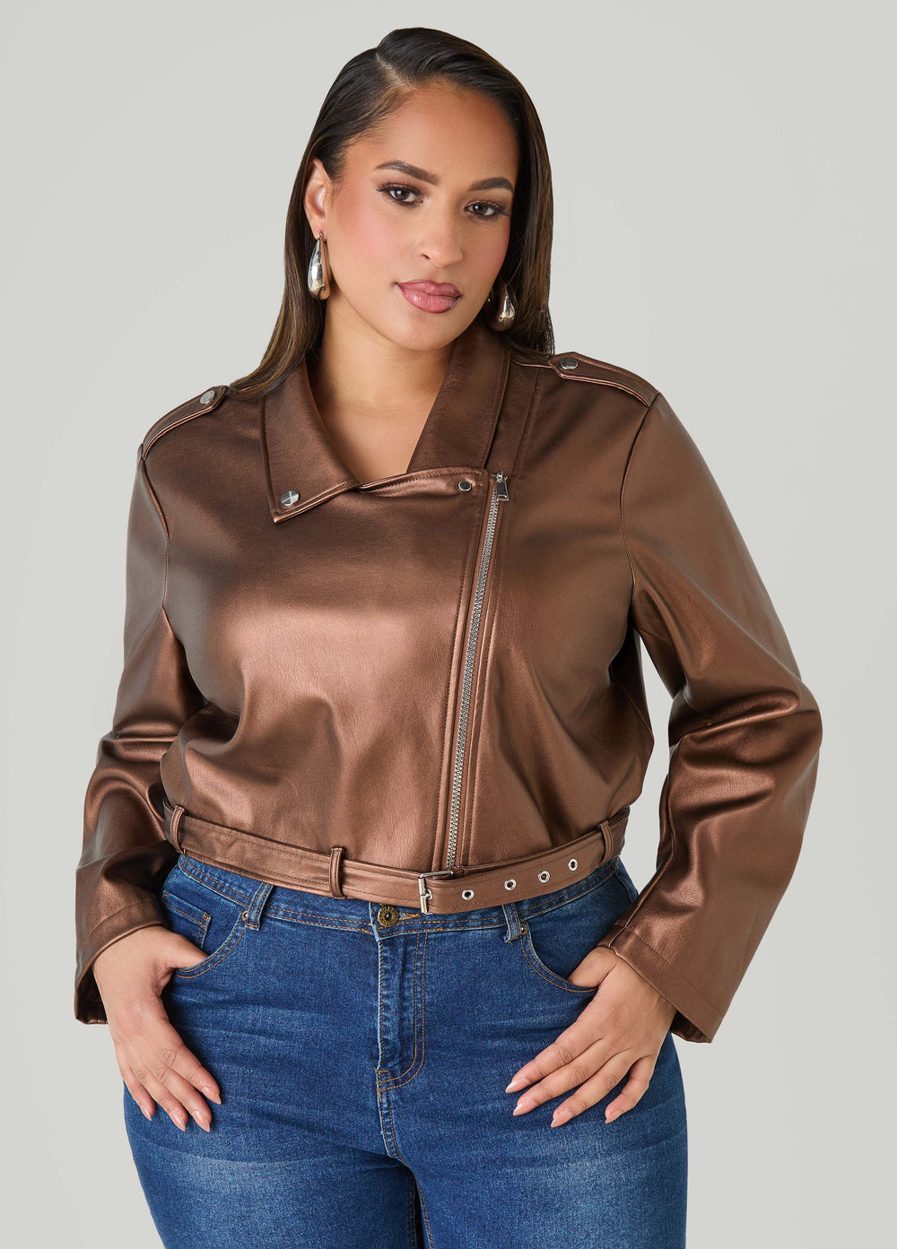 Cropped Faux Leather Moto Jacket Black | Ashley Stewart