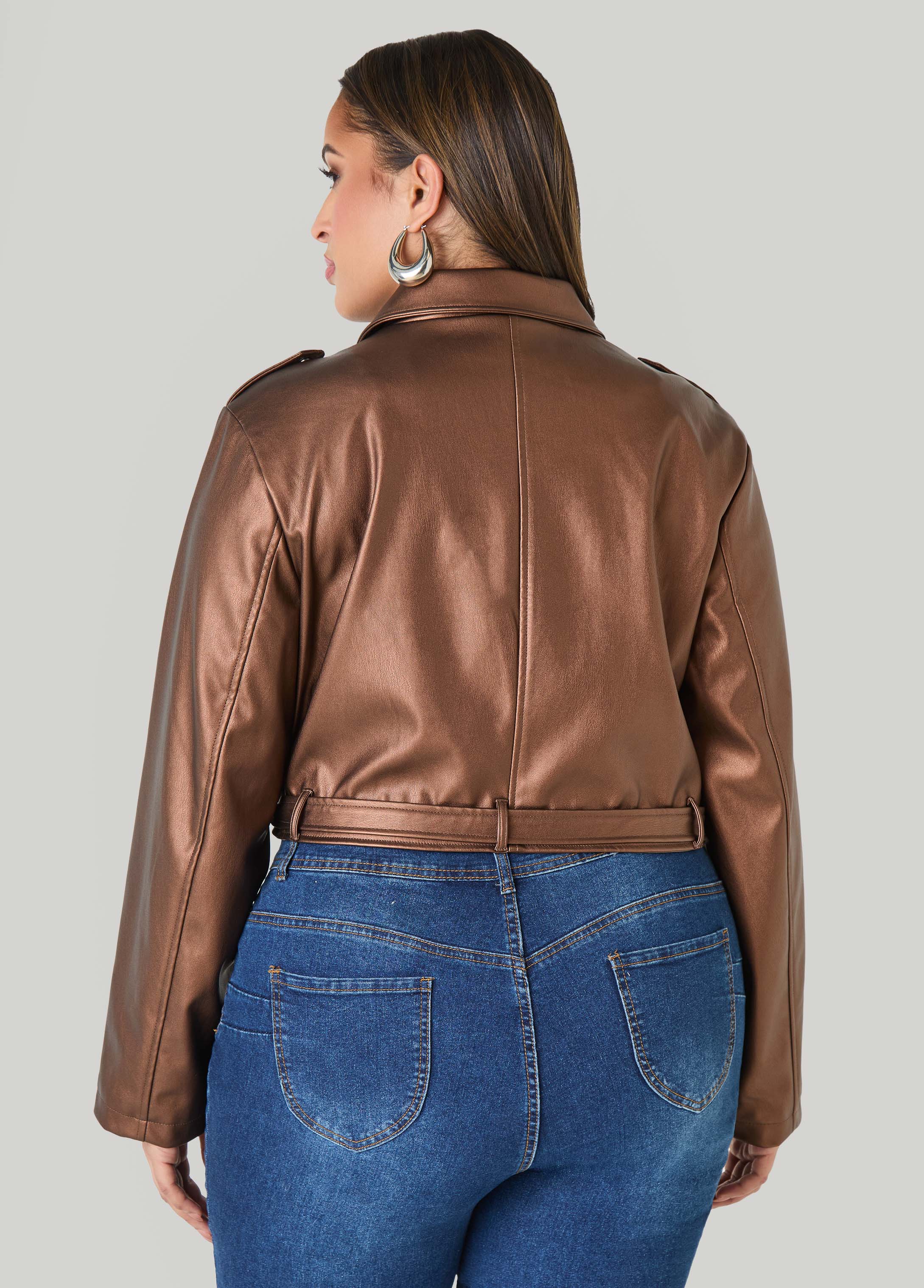 Cropped Faux Leather Moto Jacket Black | Ashley Stewart