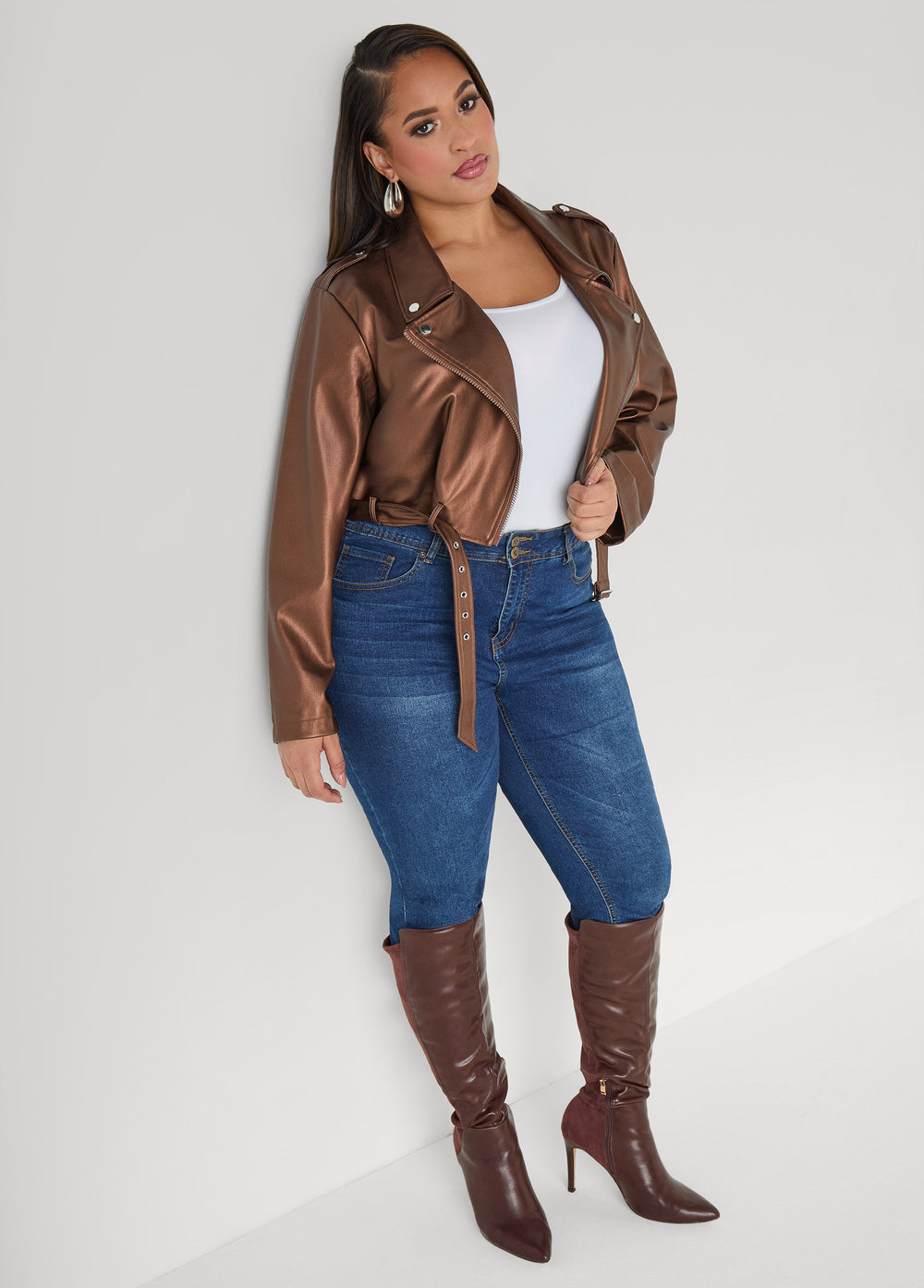 Cropped Faux Leather Moto Jacket Black | Ashley Stewart