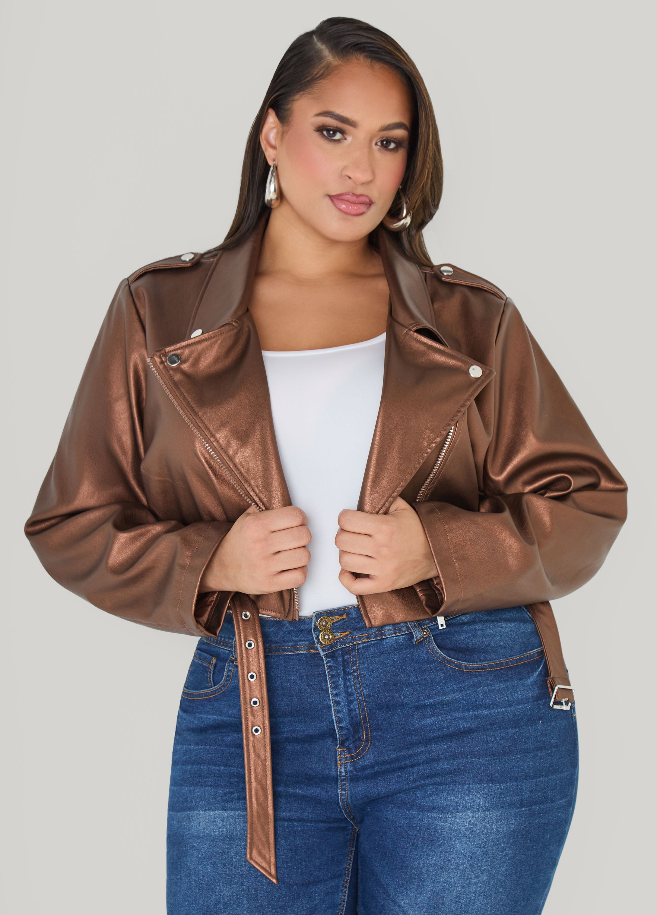 Cropped Faux Leather Moto Jacket Black | Ashley Stewart