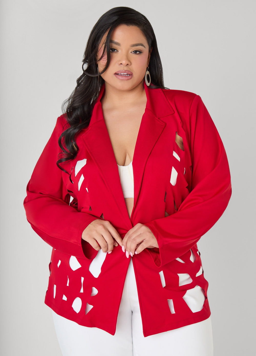 Cutout Knit Blazer Red | Ashley Stewart