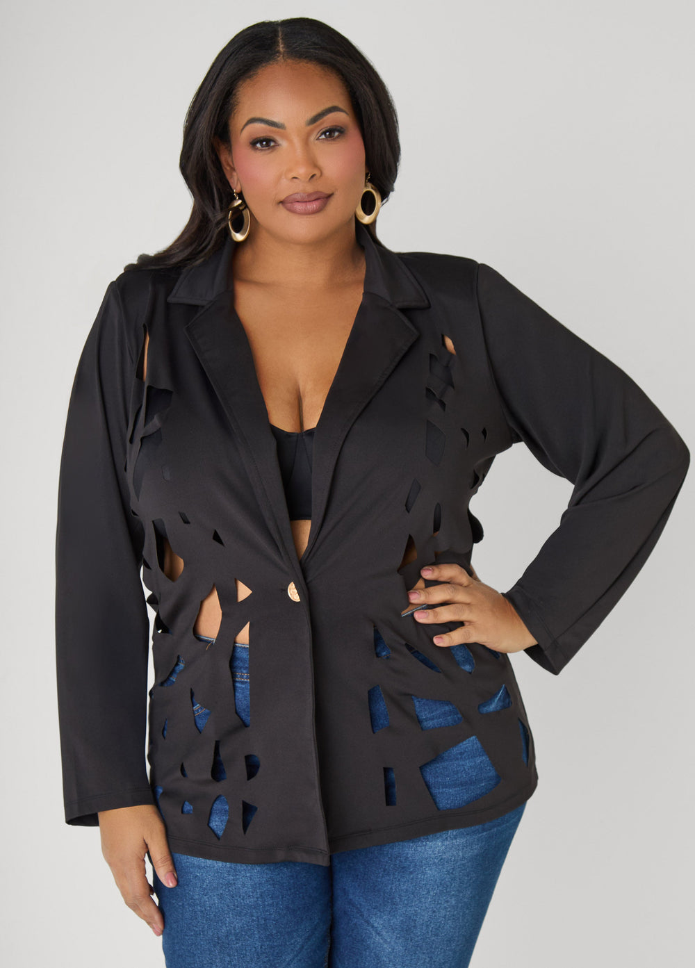 Cutout Knit Blazer Red | Ashley Stewart