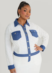 Denim Paneled Textured Jacket White | Ashley Stewart