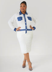 Denim Paneled Textured Jacket White | Ashley Stewart