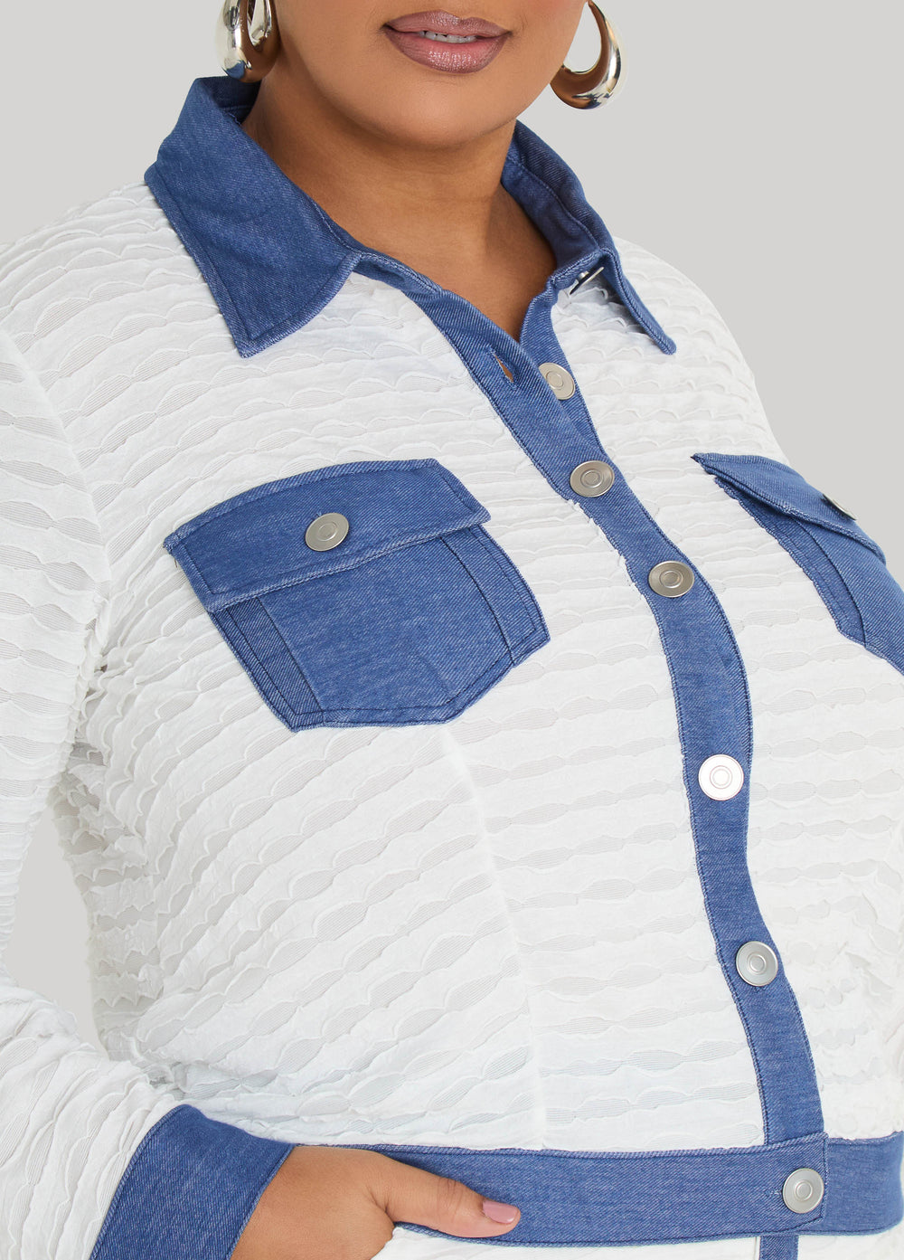 Denim Paneled Textured Jacket White | Ashley Stewart