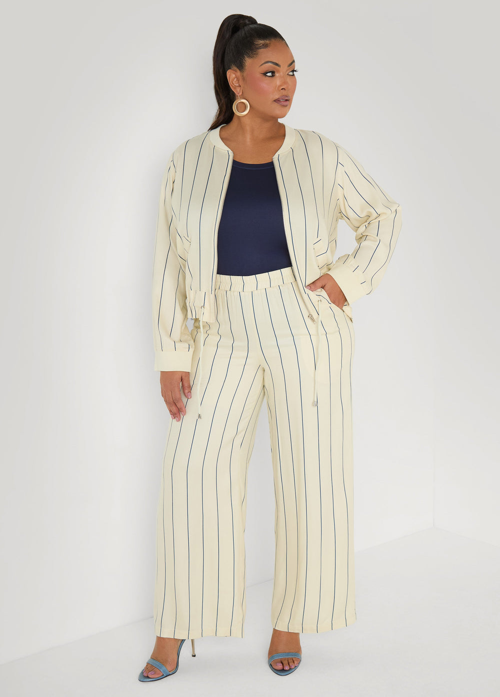 Pinstriped Zip Front Jacket Navy Peony | Ashley Stewart