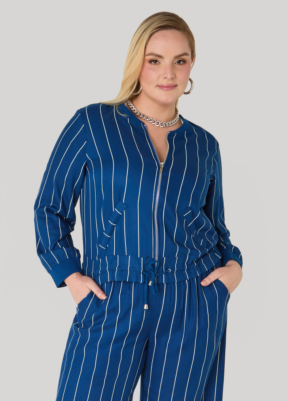 Pinstriped Zip Front Jacket Navy Peony | Ashley Stewart