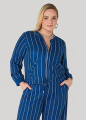 Pinstriped Zip Front Jacket Navy Peony | Ashley Stewart