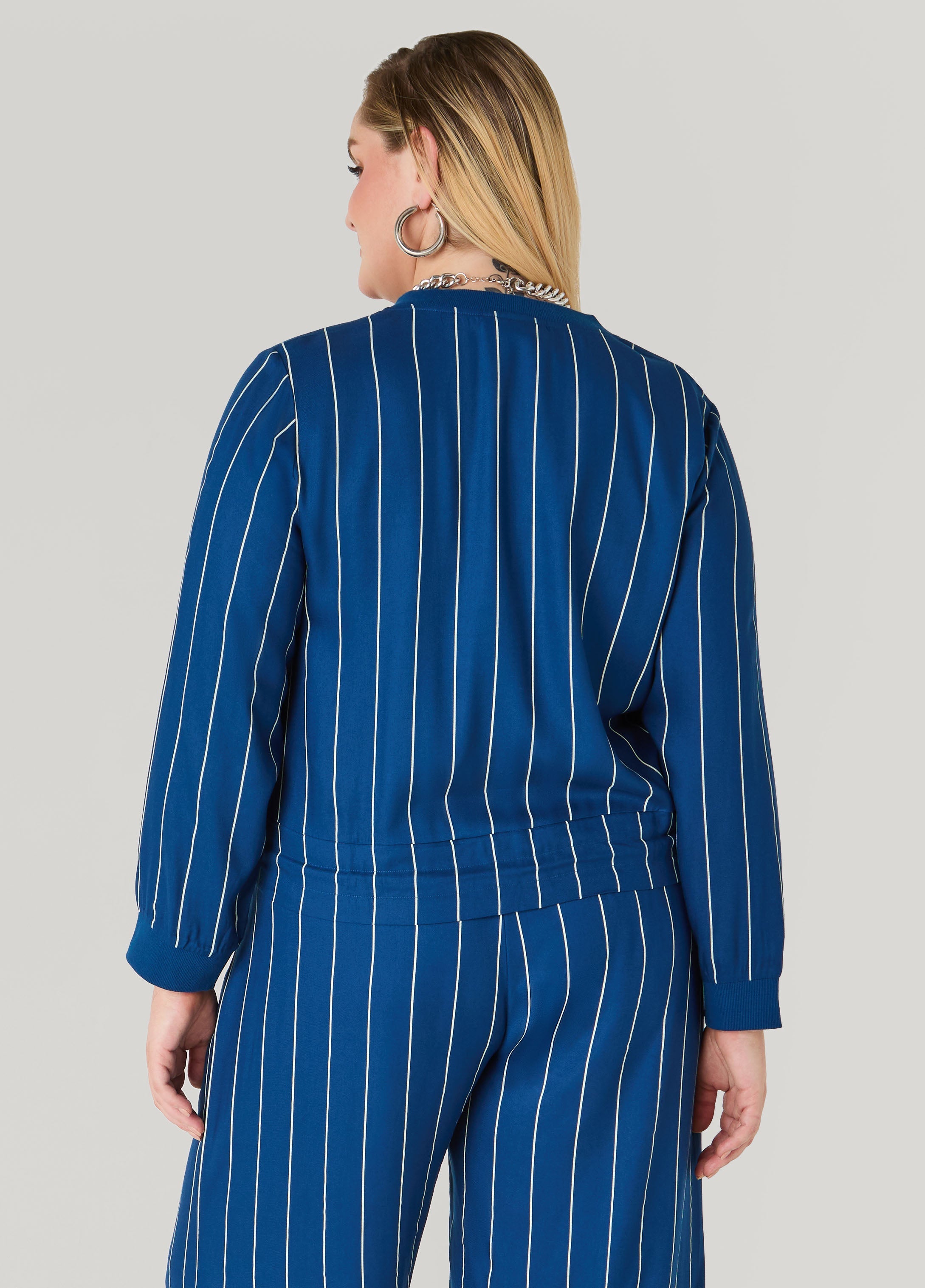Pinstriped Zip Front Jacket Navy Peony | Ashley Stewart