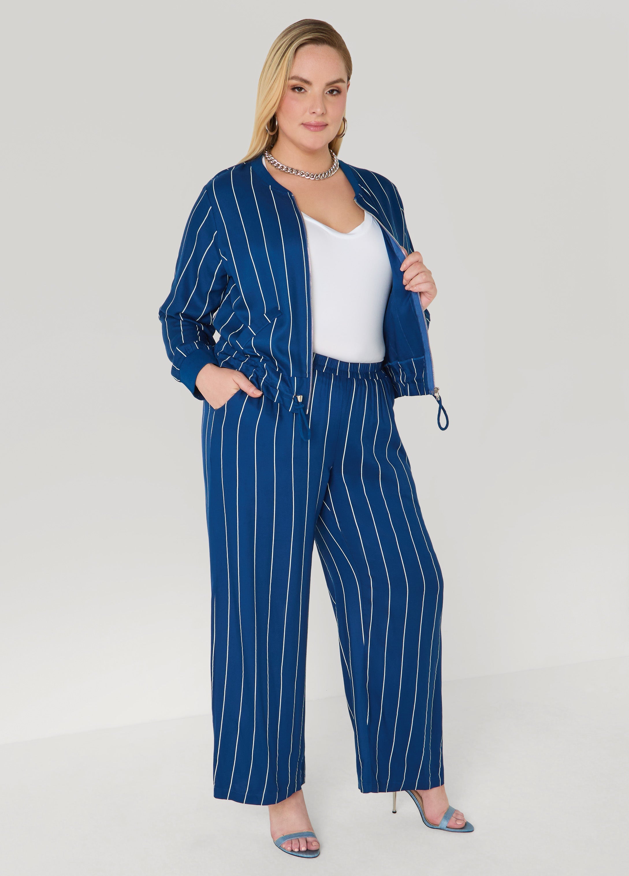 Pinstriped Zip Front Jacket Navy Peony | Ashley Stewart