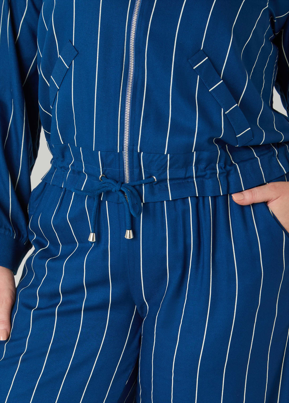 Pinstriped Zip Front Jacket Navy Peony | Ashley Stewart